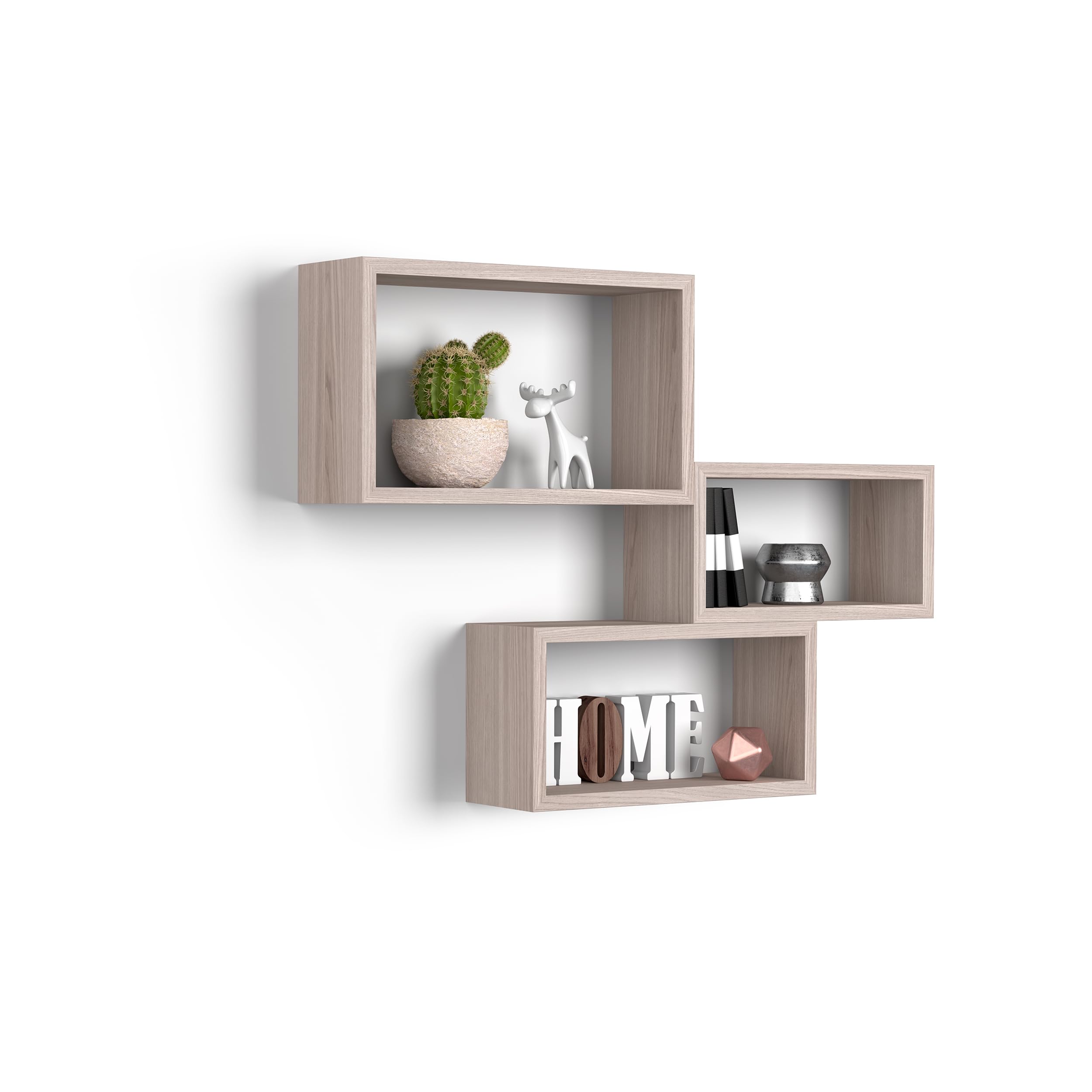 MOBILI FIVER, Set de 3 estantes de Pared rectangulares Giuditta, Color Olmo Claro, NO, Estante Cubo para Cocina y salón, Made In Italy