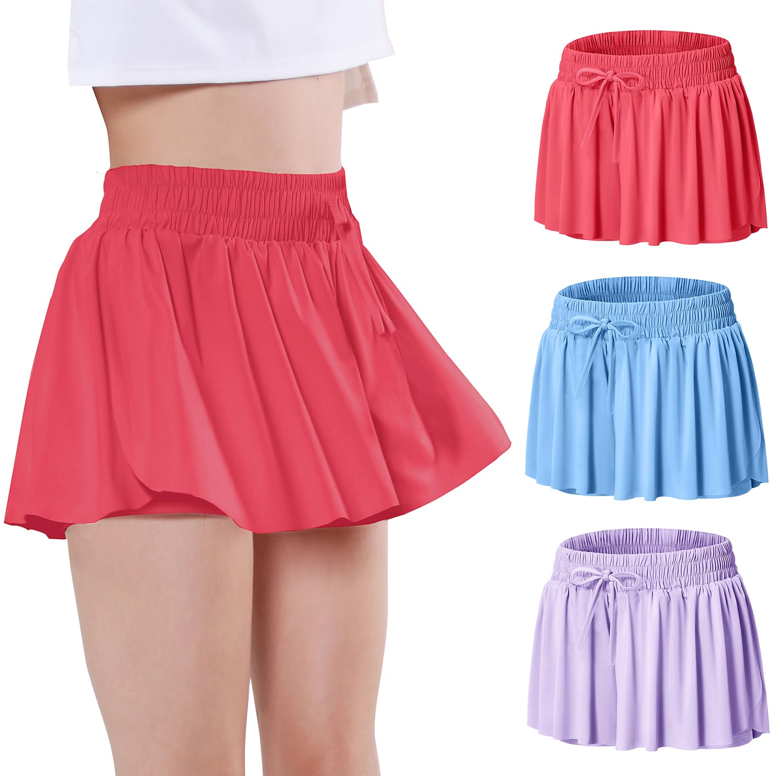EXARUS Girls Butterfly Shorts Flowy Dance Skorts Cheer Teen Athletic Skirt Flutter Tennis Tween Preppy Outfit Kid 6-14Y