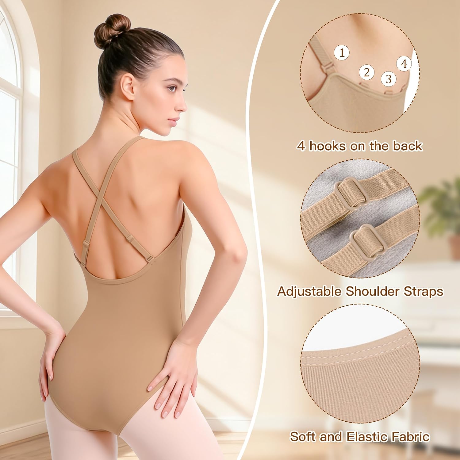 Women and Girls Nude Ballet Undergarment Seamless Camisole Dance Leotard with 3 Pairs Clear Transition Straps