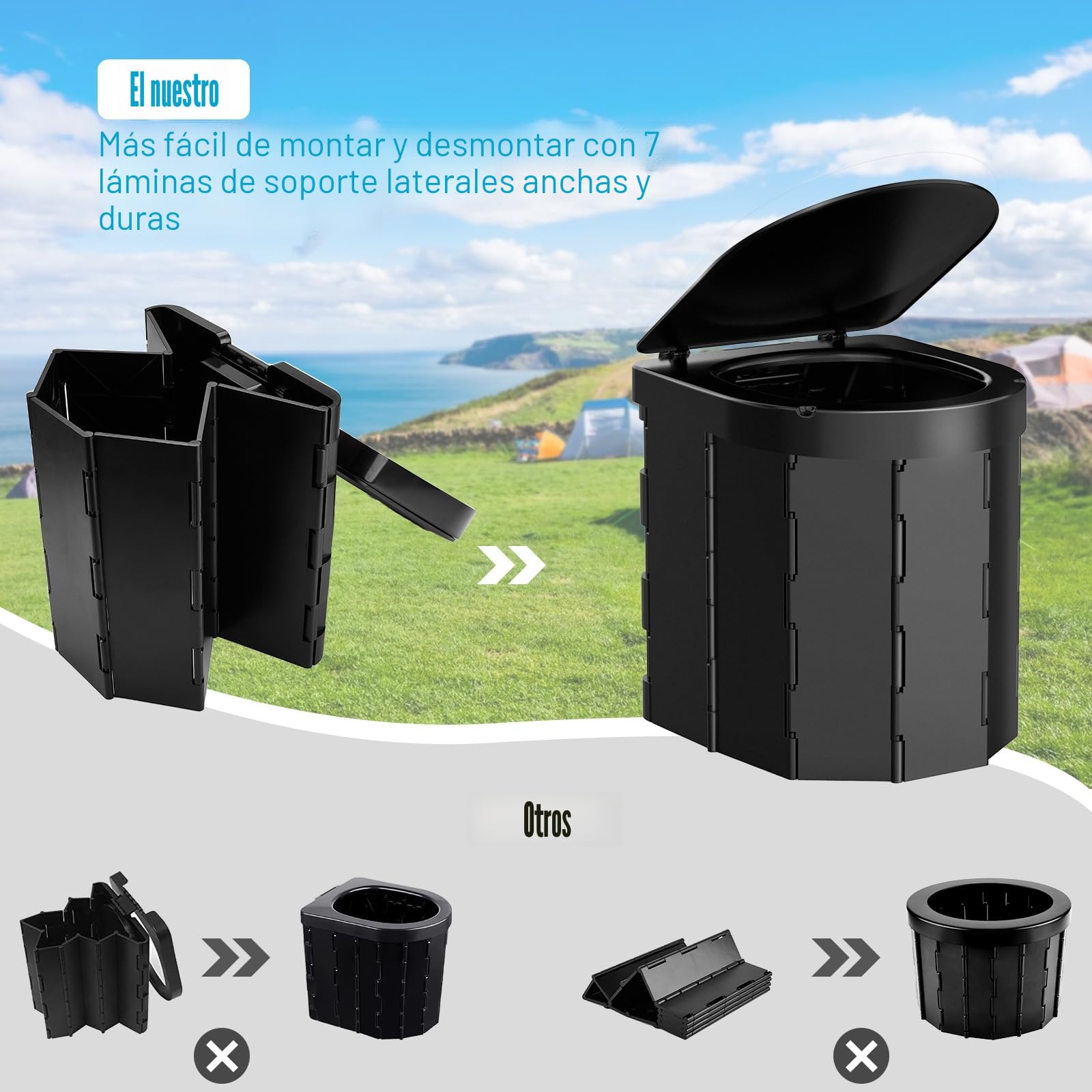 Inodoro portátil para camping, plegable, para adultos, con tapa y soporte retráctil para papel higiénico, impermeable, con bolsa de transporte y fundas desechables, para camping, senderismo, caravanas