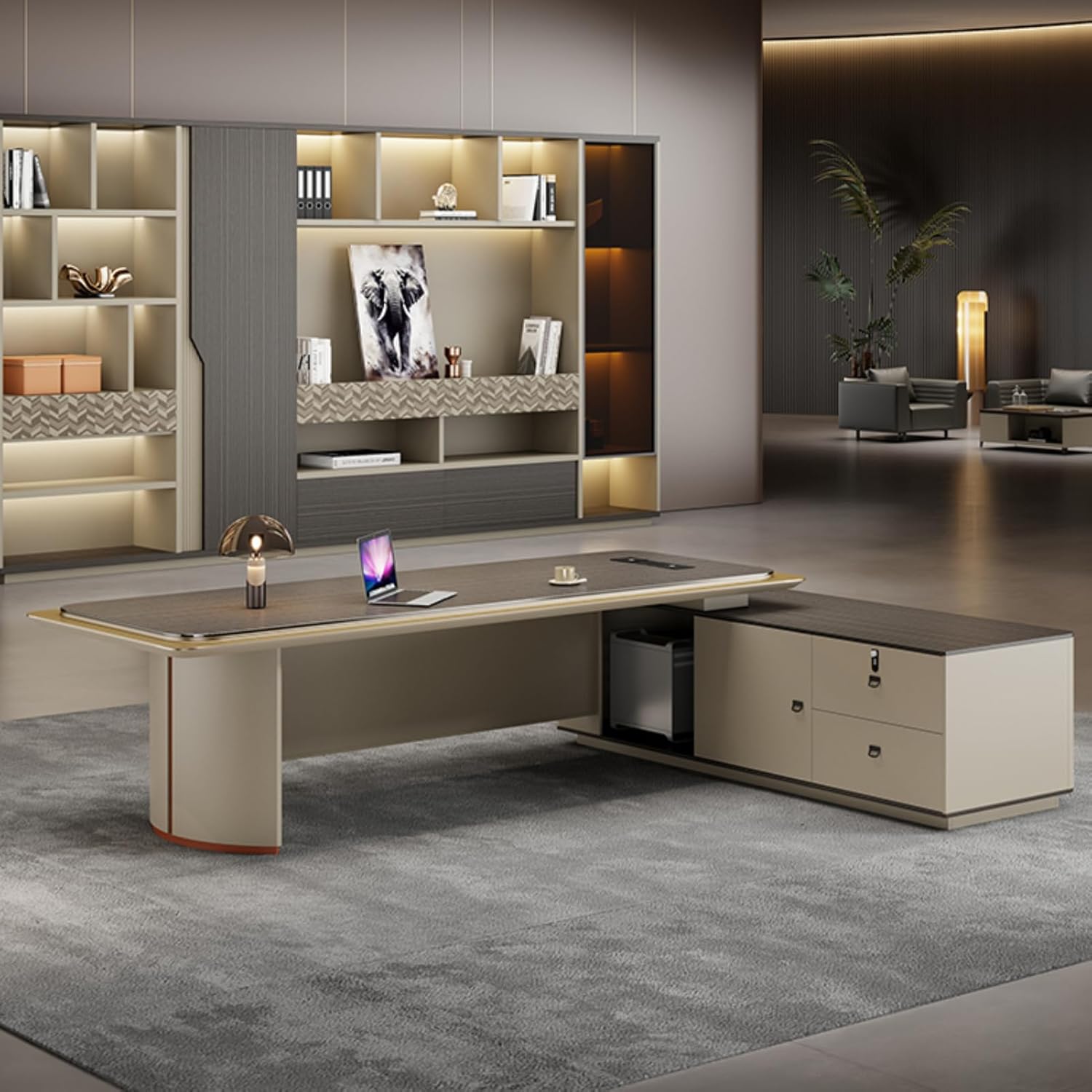 102" Brown Executive Office Desk, L Shaped Computer Desk with Storage Cabinet, Writing Study Table Business Furniture Set for CEO Boss