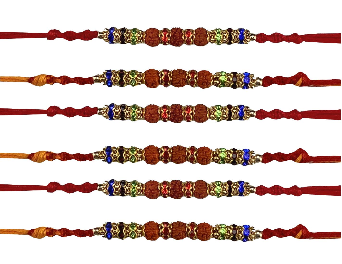 6 x Rakhi Thread Raksha Bandhan Rudraksh Stones Or Wooden Beads Hindu Indian Festival Wrist Band Rakhi for Brother Friendship Bracelet Raksha Bandhan Gift (Rakhi Design 2)