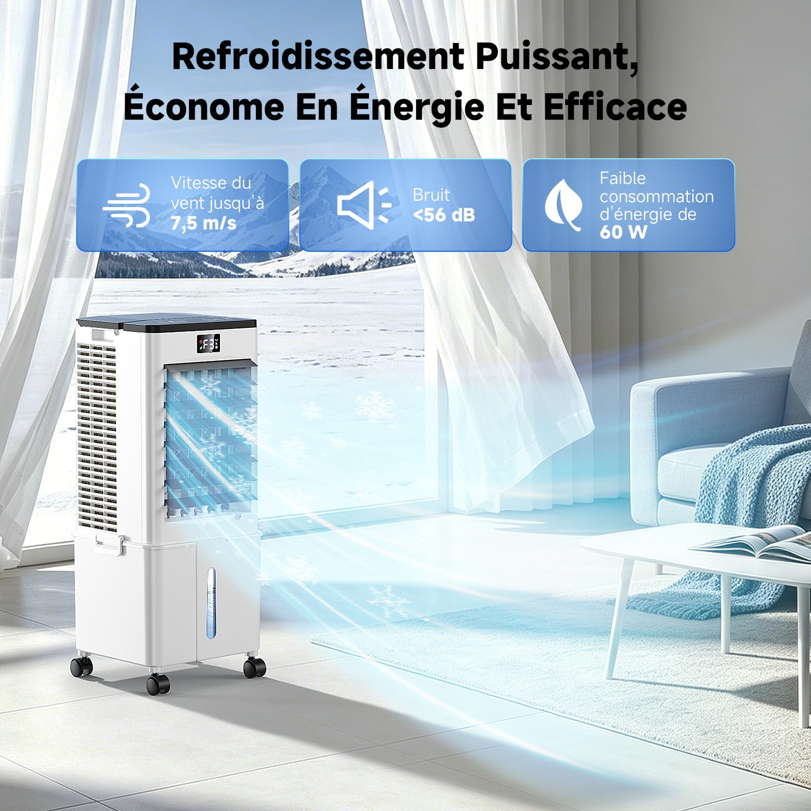 Climatiseur Mobile Silencieux Amélioré 10L, Rafraîchisseur d'Air 4‑en‑1, Télécommande, Minuterie 12h, 3 Vitesses, Oscillation, Climatiseur Portable Pour Camping Chambre Cuisine(Noir et blanc mat)