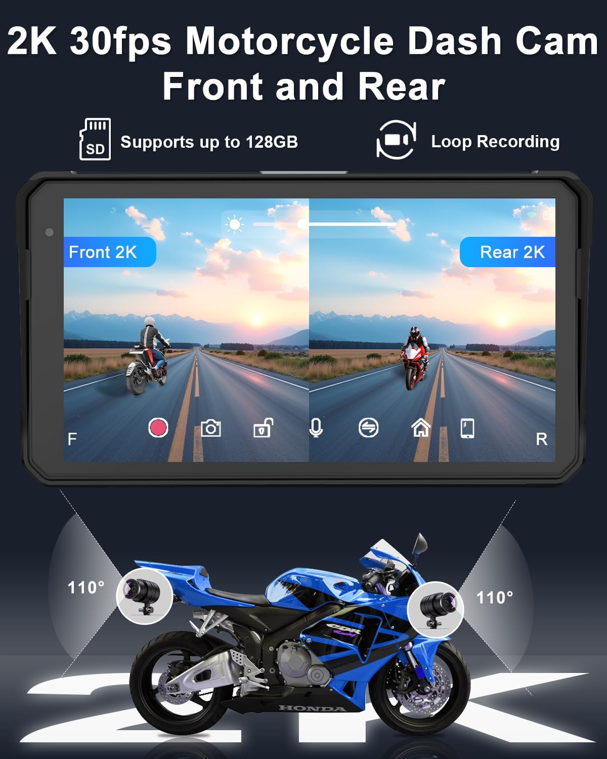 2K 30FPS Motorcycle Dash Cam Front and Rear, 6" IPS 60Hz Motorcycle Apple Carplay and Android Auto Screen, IP68 Waterproof, GPS Navigation System, TPMS & Wired Remote Control