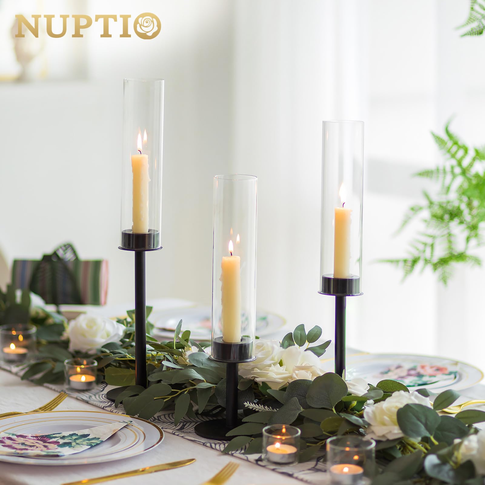 Nuptio Portavelas Huracan Nero: Portavelas de Metal de Cristal Transparente para Velas Cónicas Candelabro Alto Abierto Pantalla Cilíndrica Fiesta de Boda Centro de Mesa Decoración