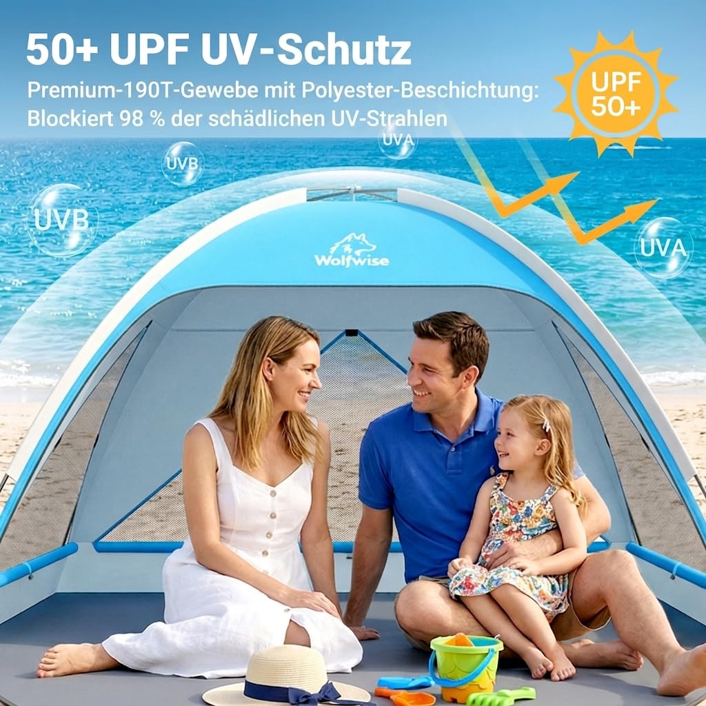 Wolfwise Strandmuschel UV Schutz, 3 Belüftungsfenster & Tragetasche, Strand Zelt mit erweiterbarem Boden für Privatsphäre, 3 Personen, 220x150x122cm(87 ''x59''x48''), Blau