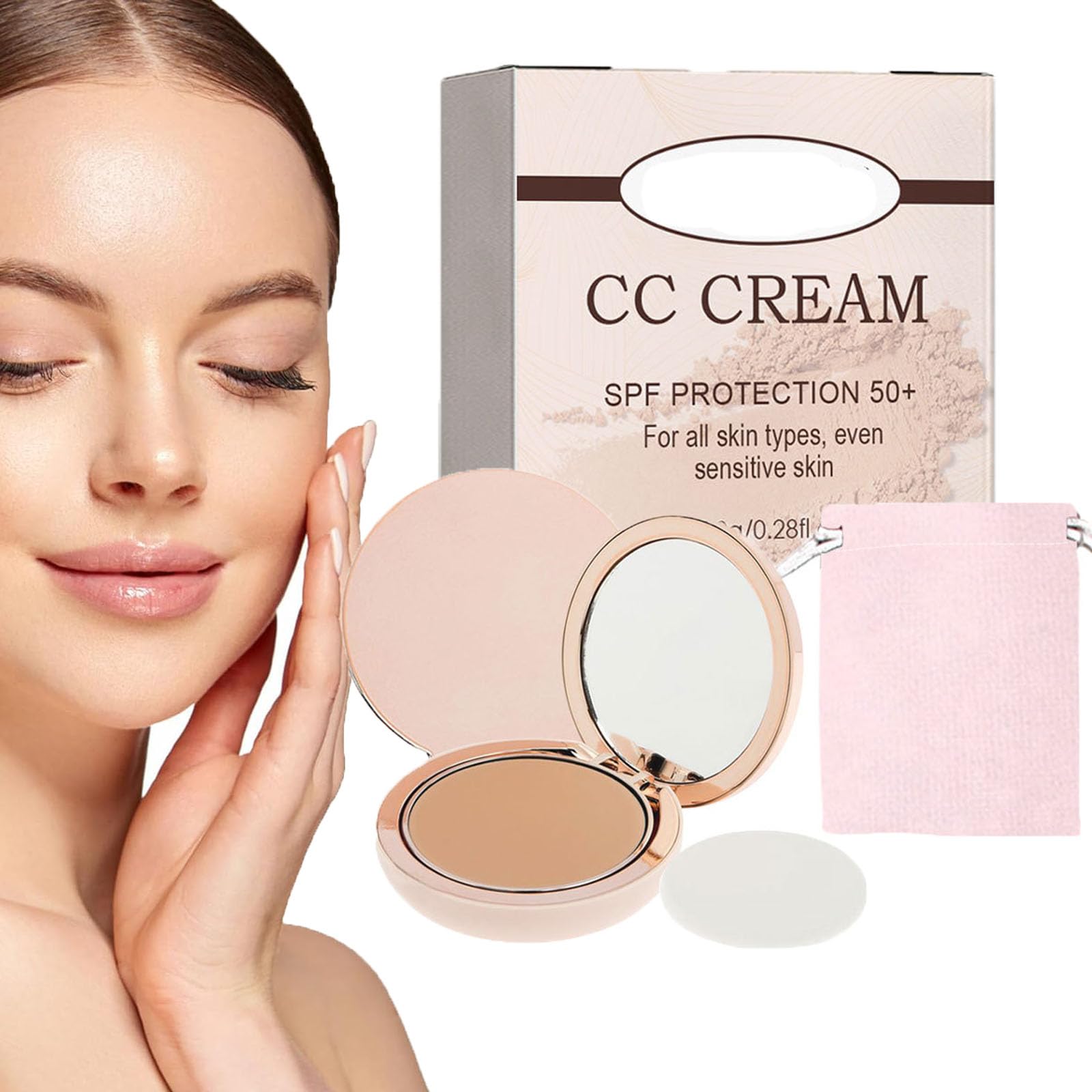 Ilumina Cc Creamy Compact Spf 50+ and Pouch, Perebella Cc Cream Skin Tone Adjusting, Cc Cream Self Adjusting for Mature Skin, Powder Concealer Makeup Full Coverage (natural color)