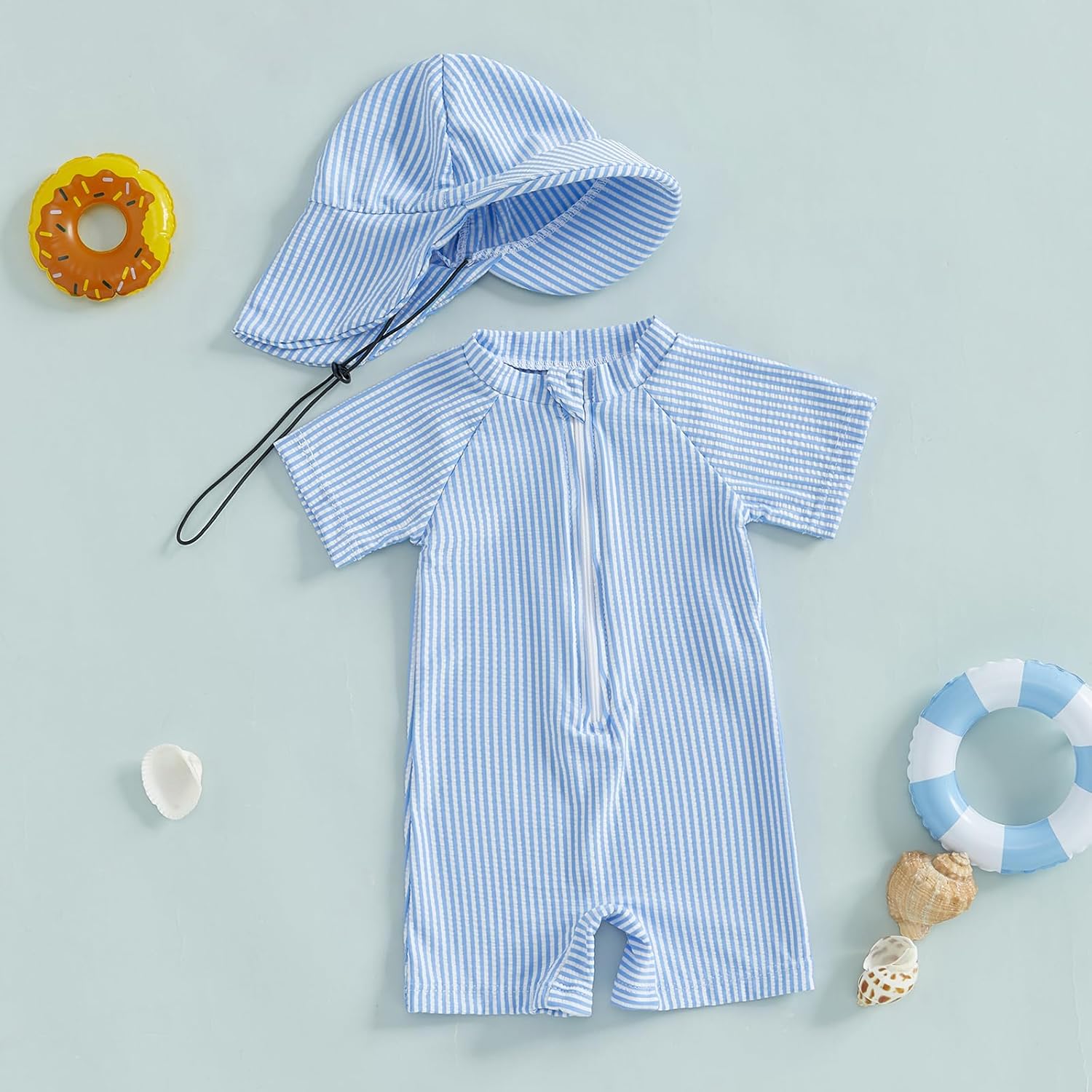 Toddler Baby Boys Seersucker Short Sleeve One Piece Rash Guard Swimsuit Zipper Bathing Suit Swimwear with Hat - Image 2