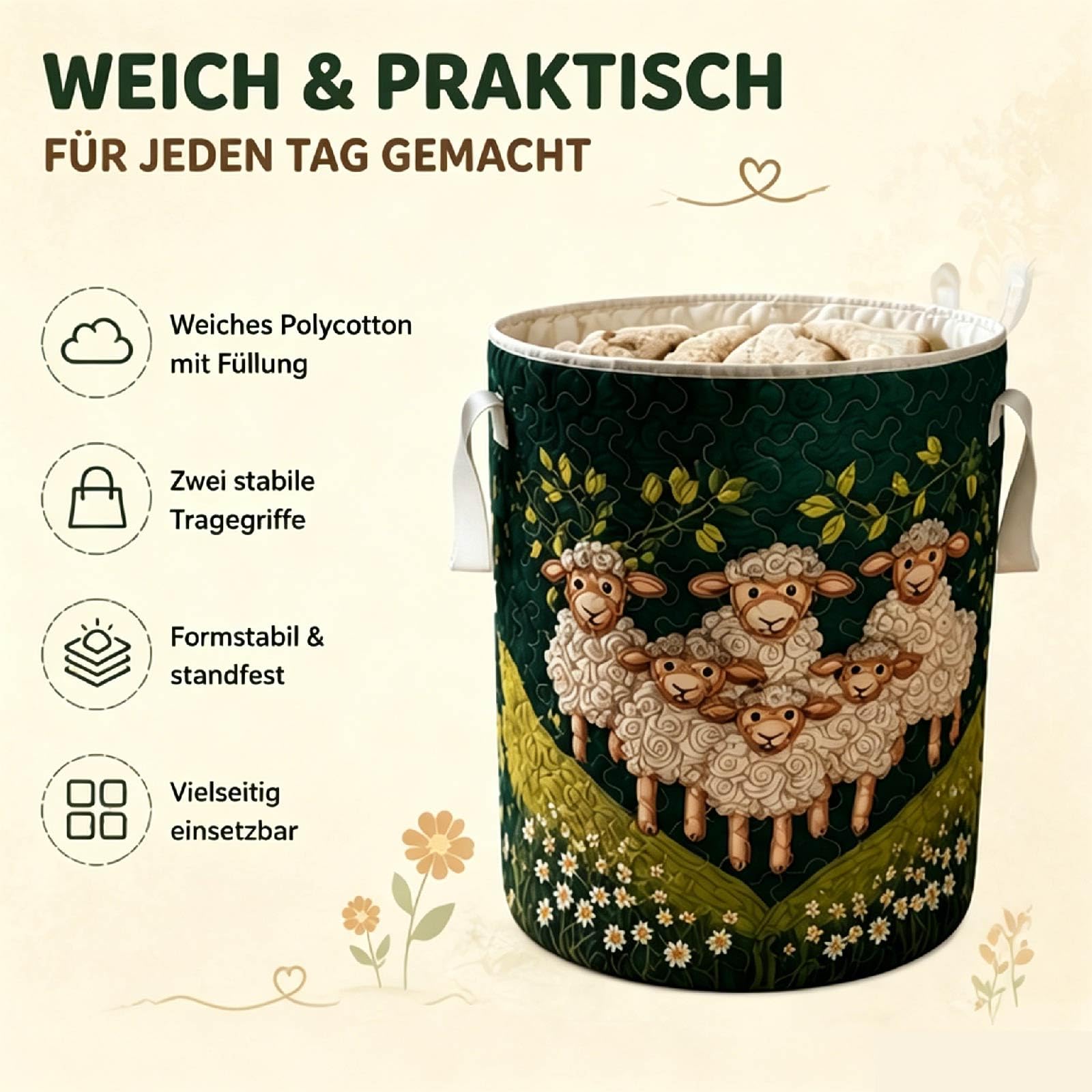 Wäschekorb Schäfchen für Kinderzimmer, Faltbarer Stoff Aufbewahrungskorb mit Griffen, Großer Wäschekorb Schafe für Spielzeug (C, 20"X28")