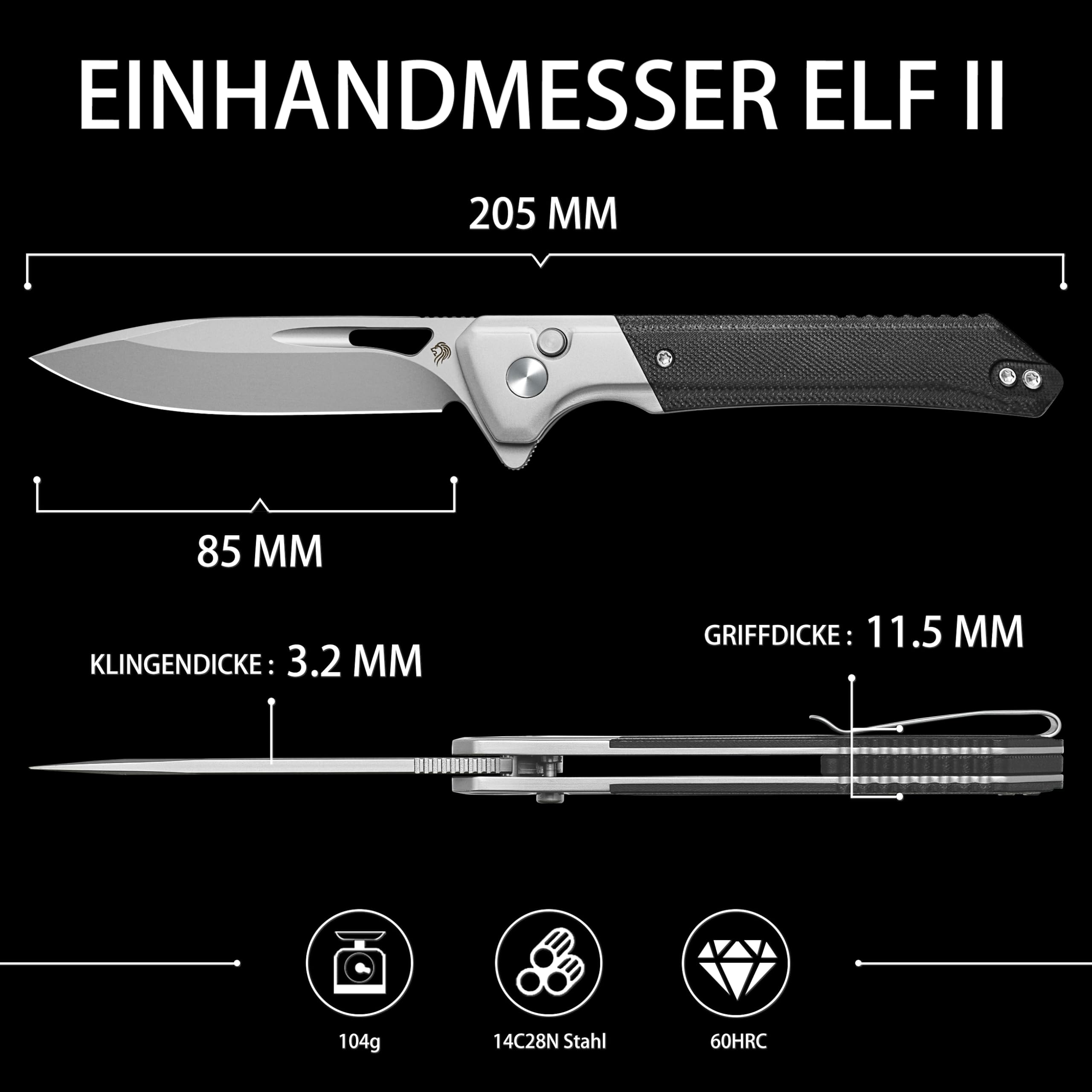 NedFoss ELF II Klappmesser, 14C28N Stahl Taschenmesser mit Button-Lock