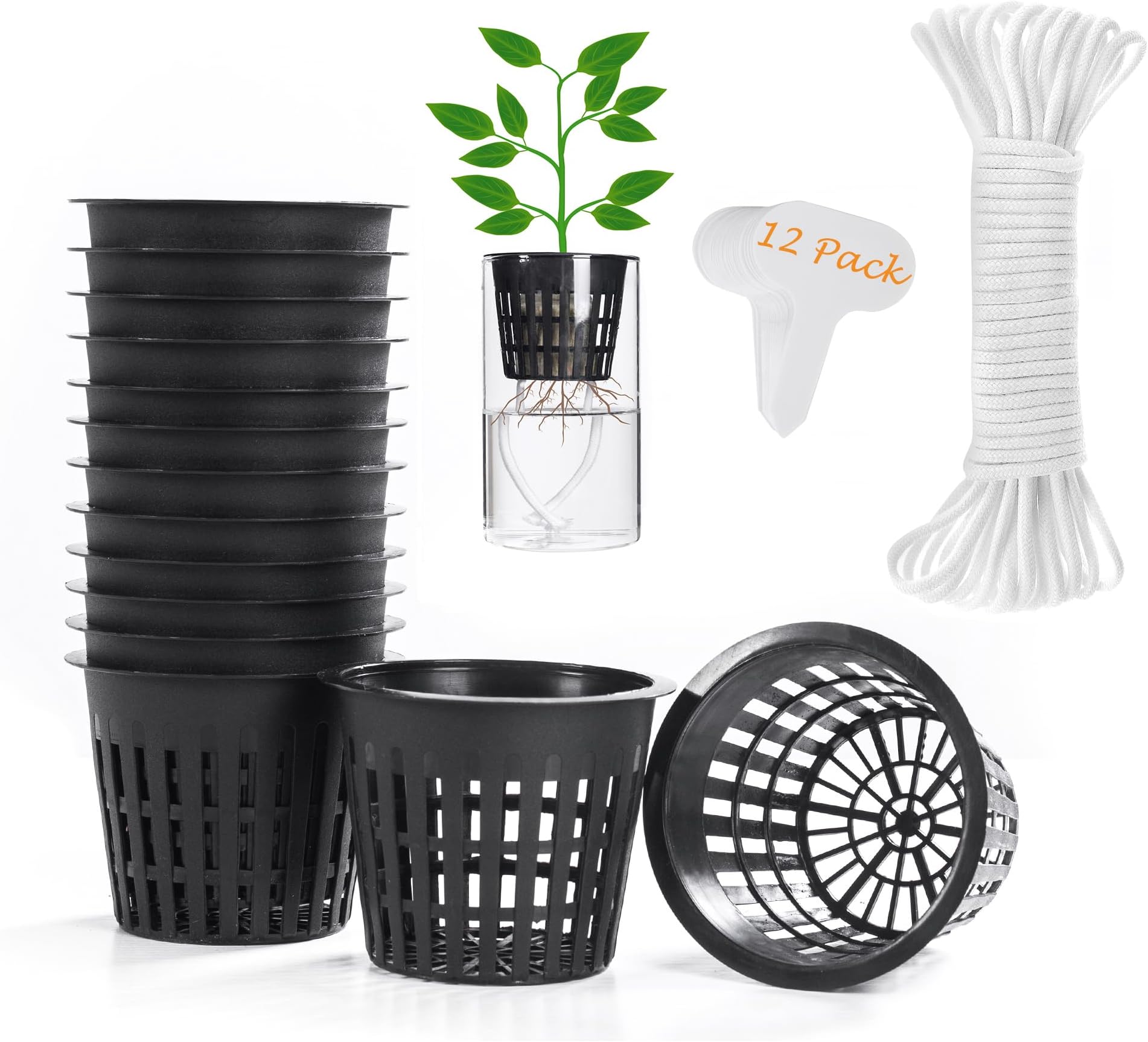 ORIMERC 12 pcs 3 inch Net Cup Quality Planting Mesh Pots/Baskets with Self Watering Wick Cord & Plant Labels for Garden Hydroponic Plants Pond Plants Mason Jar Orchid Kratky Growing
