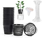 ORIMERC 12 Pack 3 inch Net Cups Pots with 12 feet Hydroponics Self Watering Wick & 12 Plant Labels Aquaponics Mason Jar Bucket Insert Orchid kratky Vegetable Garden Growing Netted Basket Slotted Mesh