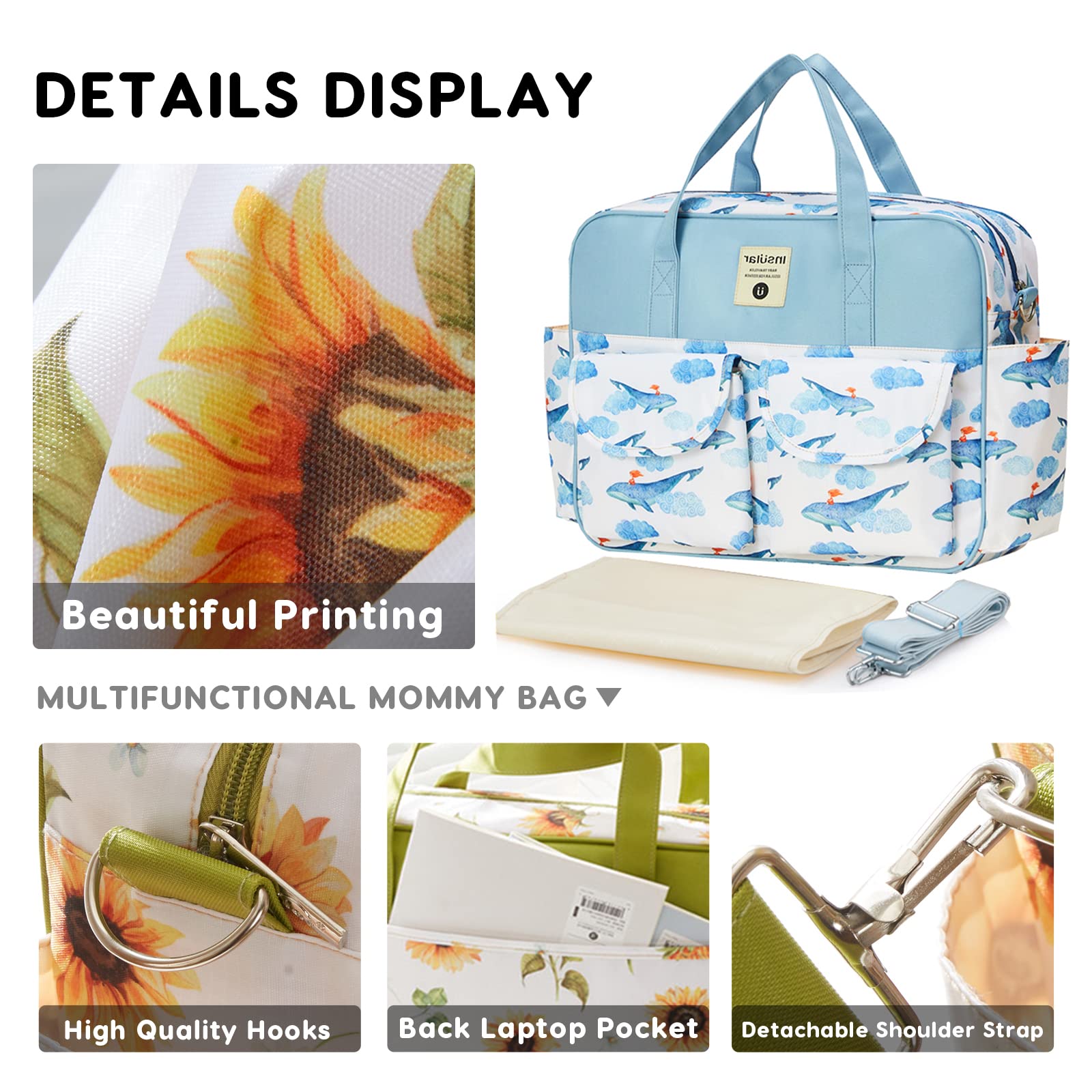 SONARIN Stylish Large Capacity Baby Nappy Changing Tote Bag,Waterproof Baby Changing Bag Satchel Messenger Bag Portable Travel Diaper Bag with Shoulder Strap & Changing Mat(Whale) - Image 3