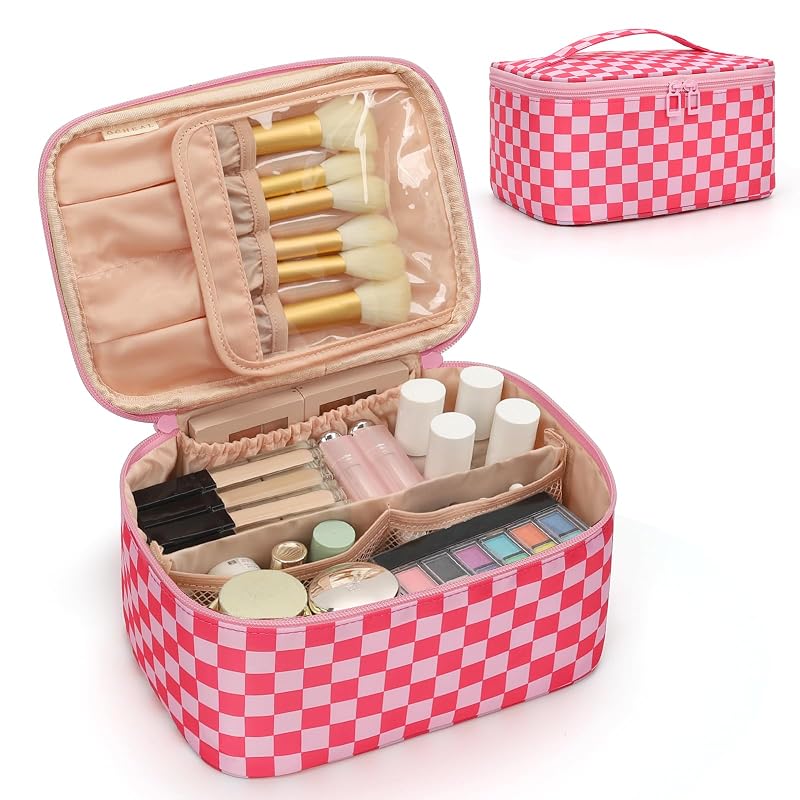 Necessaire de maquiagem OCHEAL com divisórias e alça, rosa