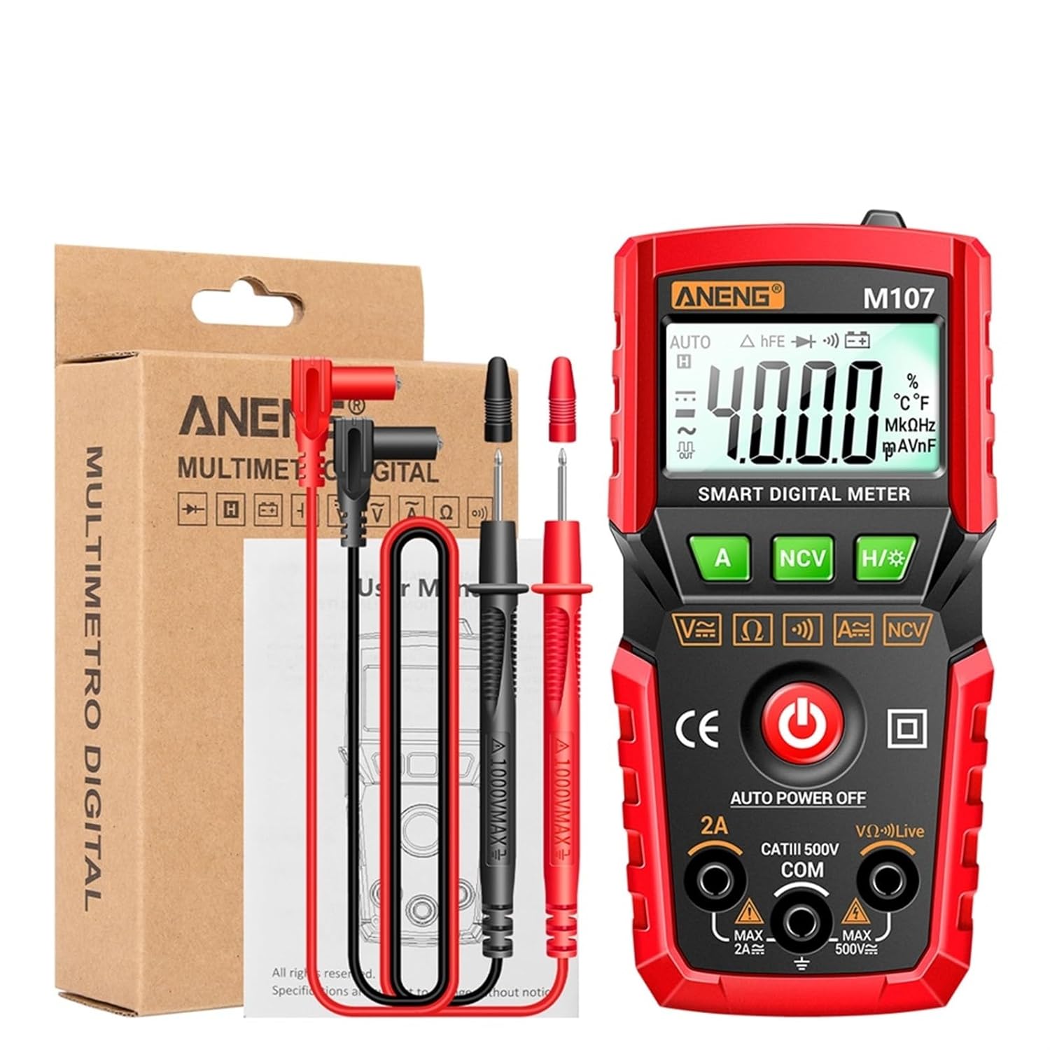 M107 Mini Smart Multimeter 4000 Count Digital Meter multimeters Professional Multi Function Electrician Tester Tools(Red)