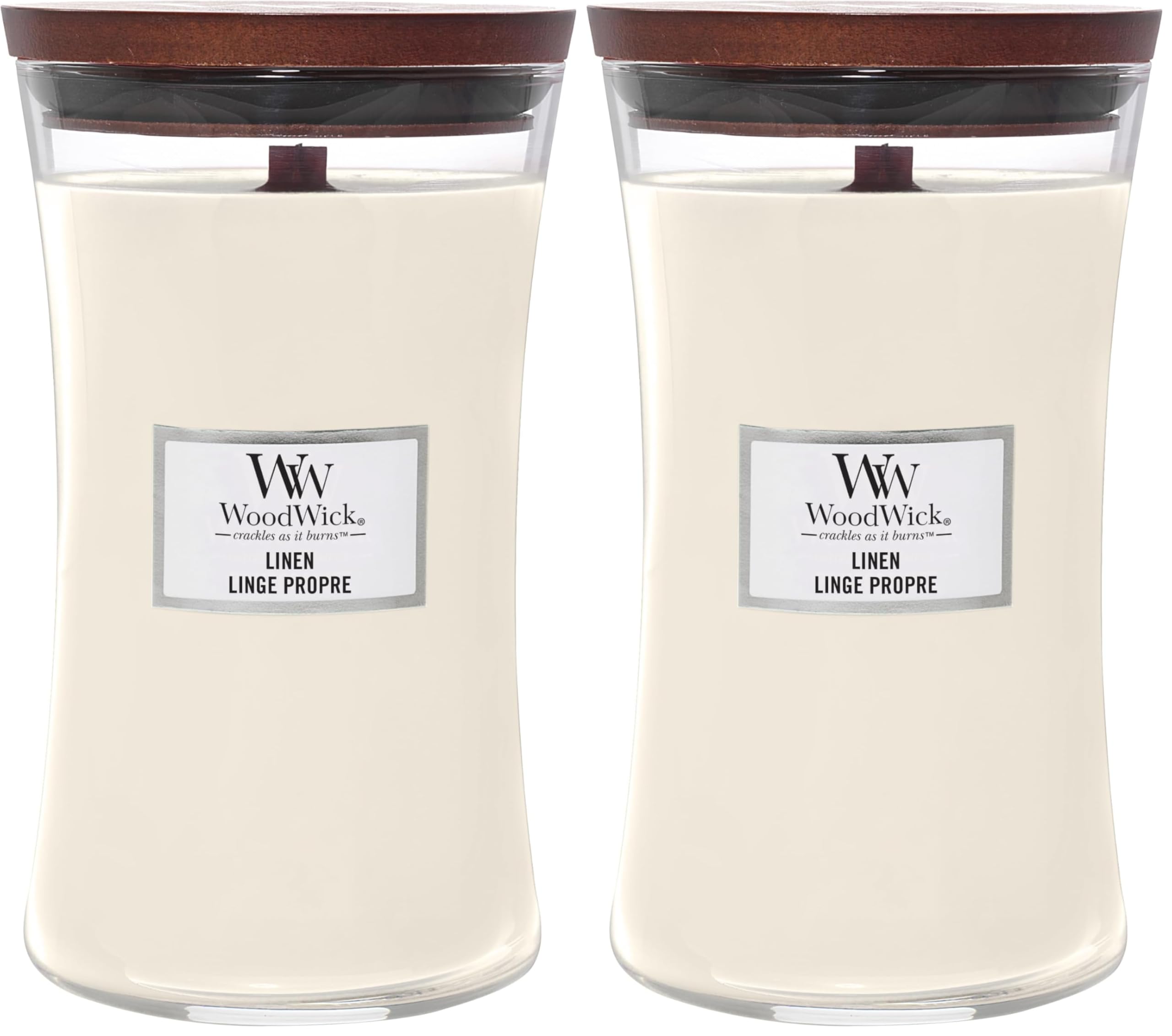 WoodWick Große Duftkerze im Sanduhrglas mit knisterndem Docht | Linen | bis zu 130 Stunden Brenndauer (Packung mit 2)