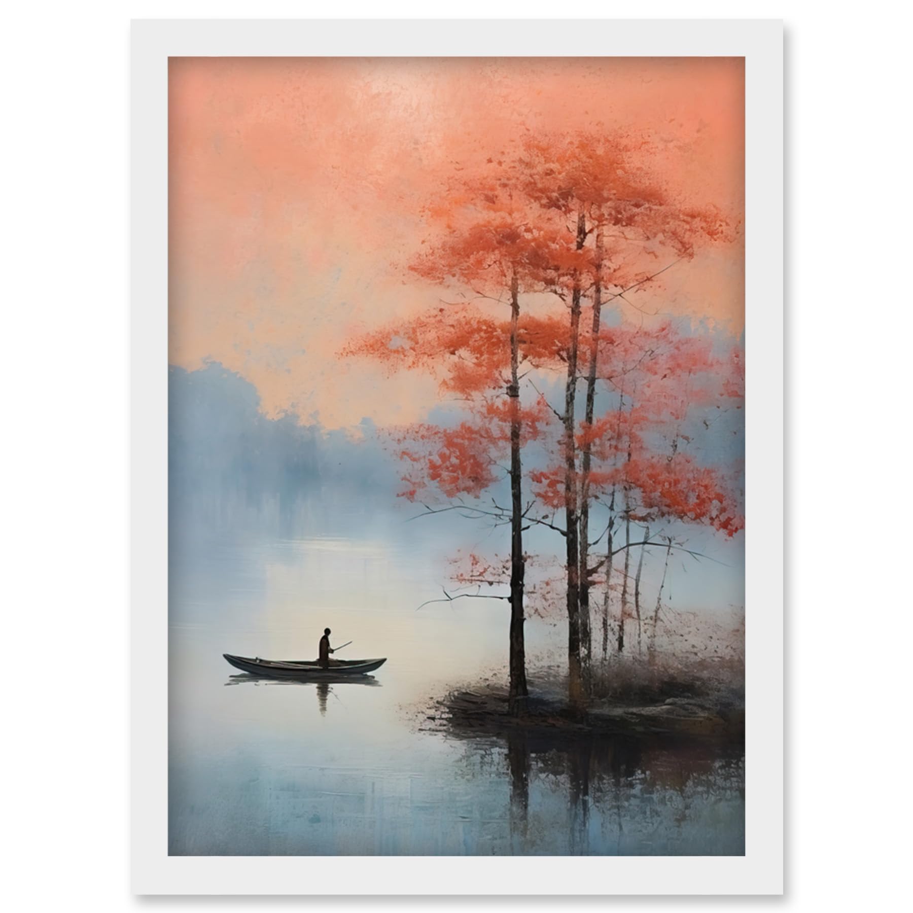 Artery8 Canoe Boat on Misty Lake Oil Painting Landscape Blue Pink Blossom Tree Early Morning Artwork Framed Wall Art Print A4
