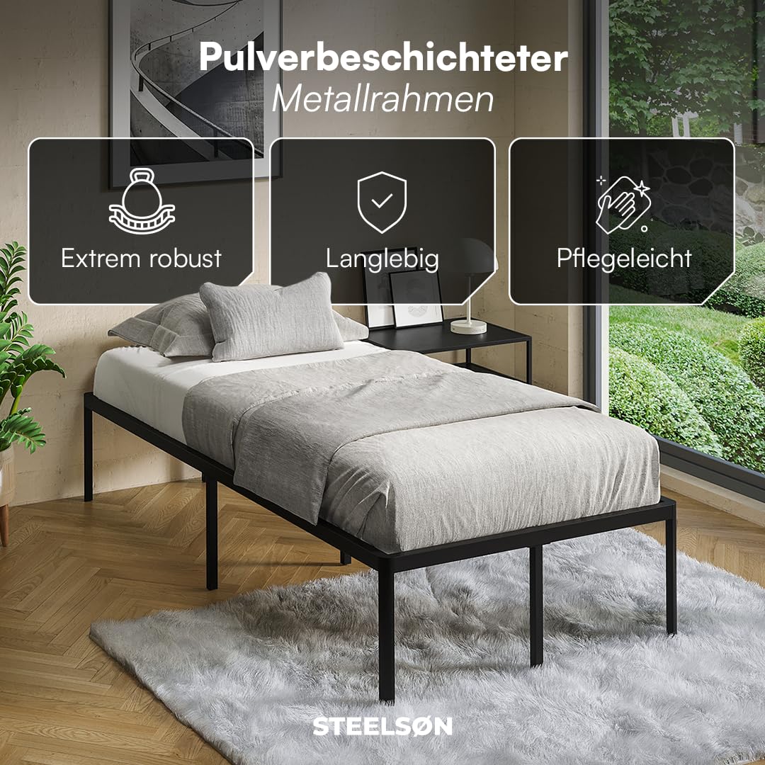 STEELSØN Situla Metallbett 90x200 cm – Bettgestell mit Lattenrost – Stabiler Bettrahmen in schwarz – Bett Metall mit Stauraum – minimalistisches Einzelbett
