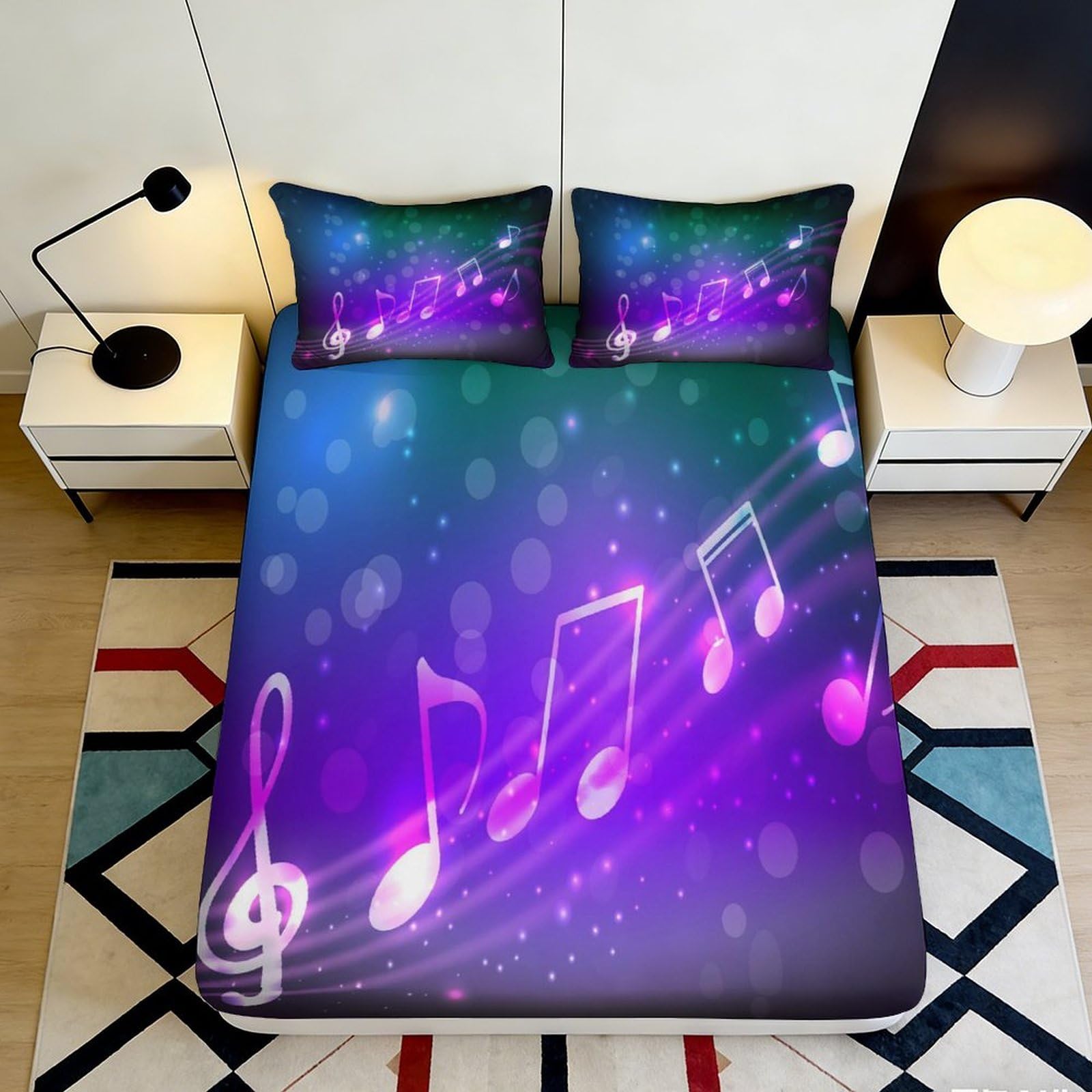 3D Printed Musical Notes Fitted Sheet Microfiber Non-Slip Deep Pocket Bedroom Bedding Music Mattress Fitted Cover Washable Full Wrap 140x200x25cm