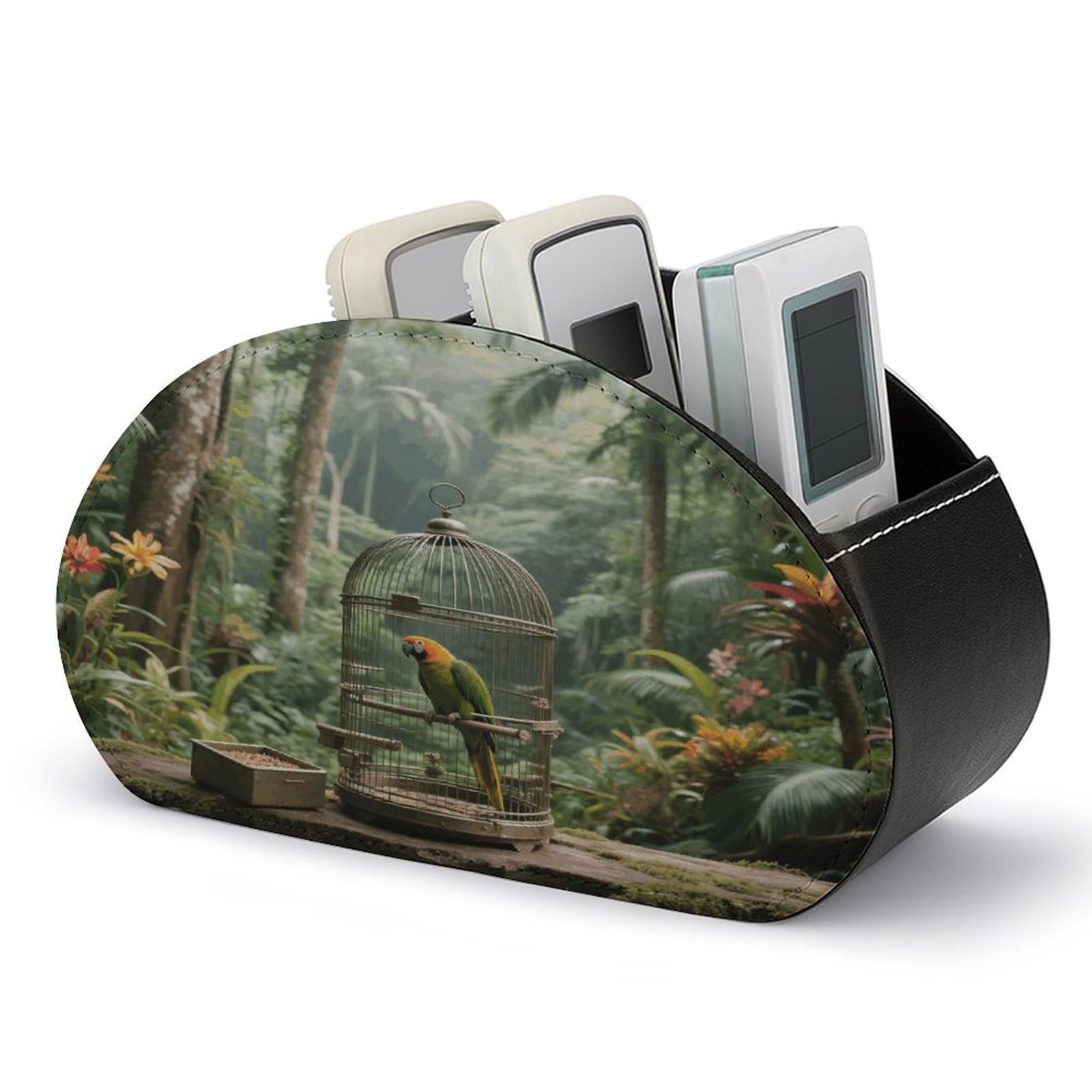 VstaDank Parrot in Rainforest Remote Control Holder with 5 Compartments PU Leather TV Remoter Caddy Desktop Organizer TV Remote Holder Remote Box for Media Controllers Office Supplies