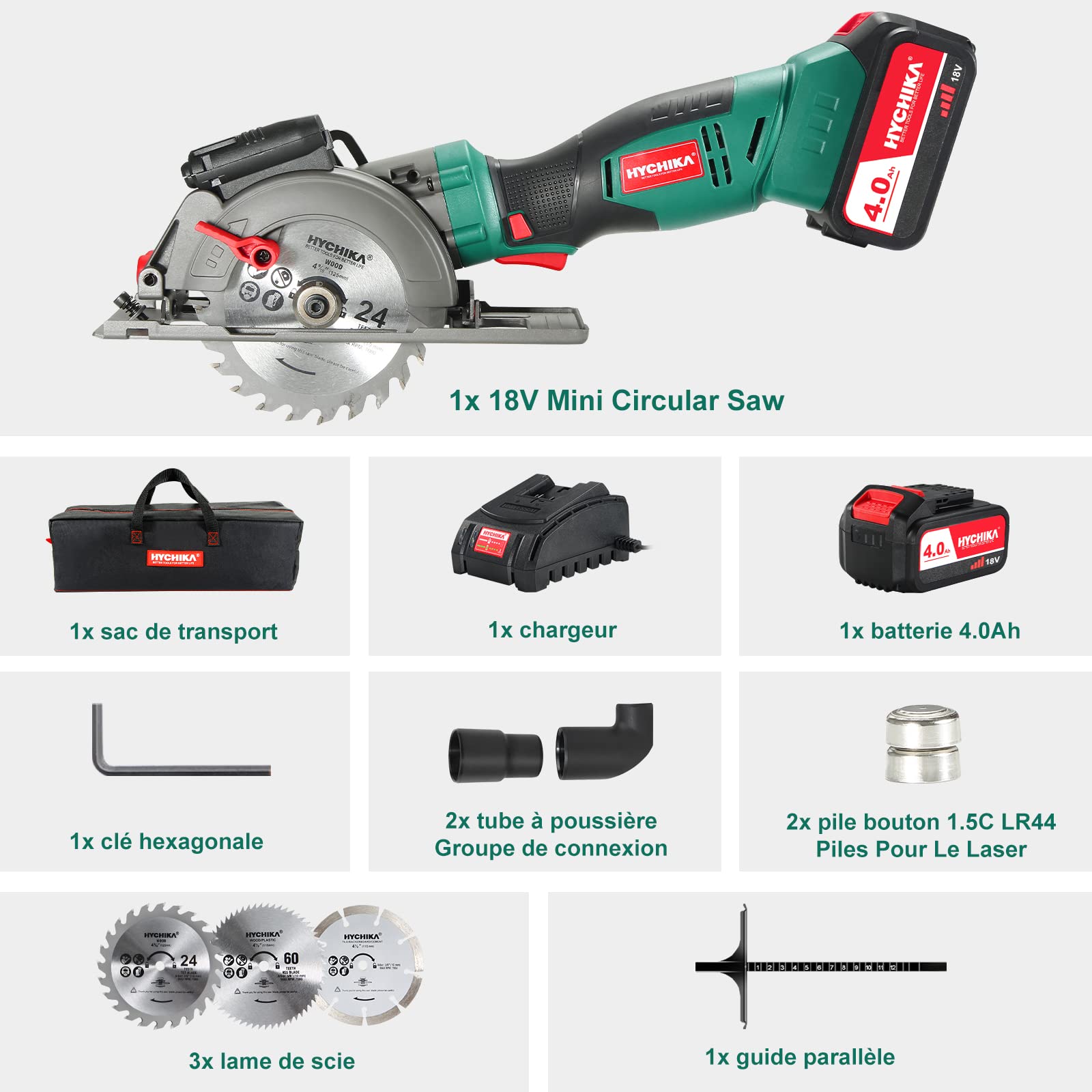 HYCHIKA Scie Circulaire Sans Fil 18V, 4.0Ah Li-ion Batterie 3500RPM Petite Scie Circulaire, 3 Lames(115 et 125mm), Guide Laser, Max Profondeur de Coupe 48mm(90°), 32mm(45°) pour Couper du Bois Métal