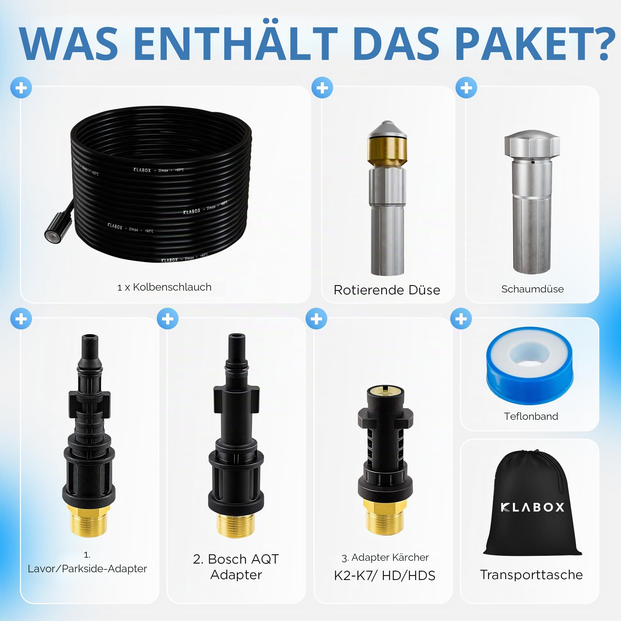 Rohrreinigungsschlauch 15m | Kärcher Rohrreinigungsschlauch für Karcher K2-K7, Lavor, Bosch, Parkside und weitere Marken | Inklusive 3 Adapter, 2 Düsen, 1 Tasche und 1 Teflonband