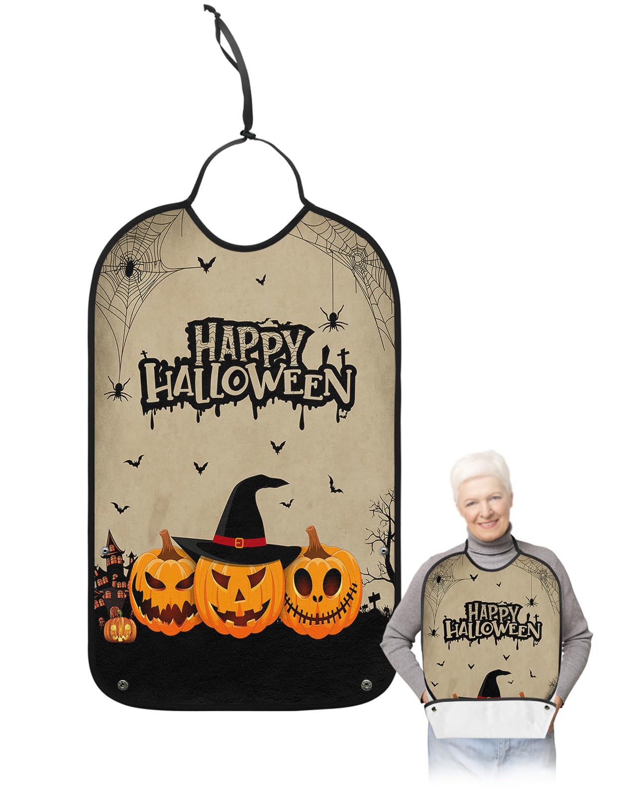 LEOKOTI Halloween Adult Bibs for Eating, Waterproof Bibs with Food Catcher & Adjustable Snap Closure, Farmhouse Pumpkin Bat Rustic Beige Washable Clothing Protectors Adult Bibs for Elderly Women/Men