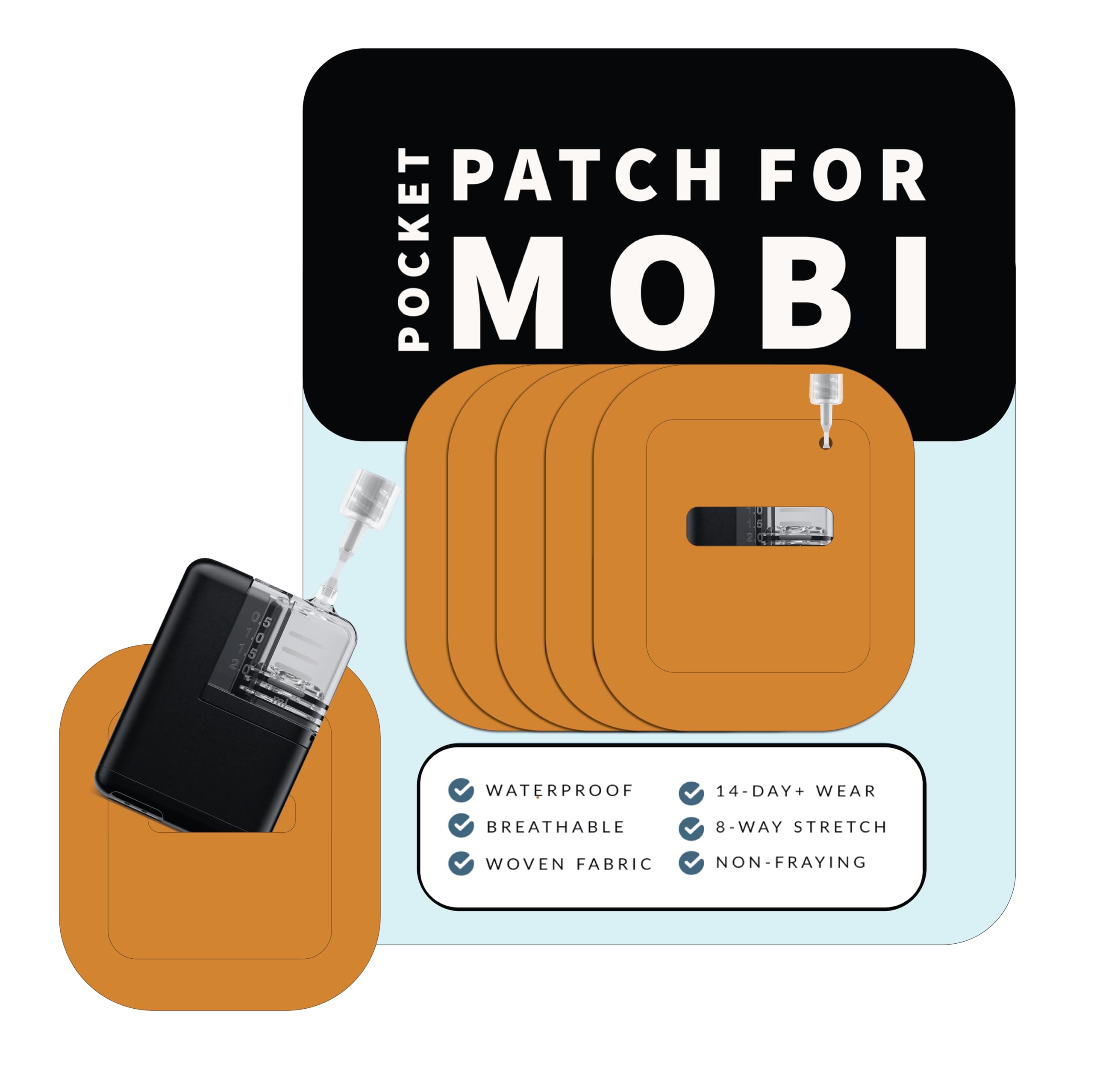 Glucomart Adhesive Pocket for Mobi (5 Count) – Maximum Strength Patches for Wearing Mobi Insulin Pump, Waterproof & Hypoallergenic (Solids Pack) (Mobi