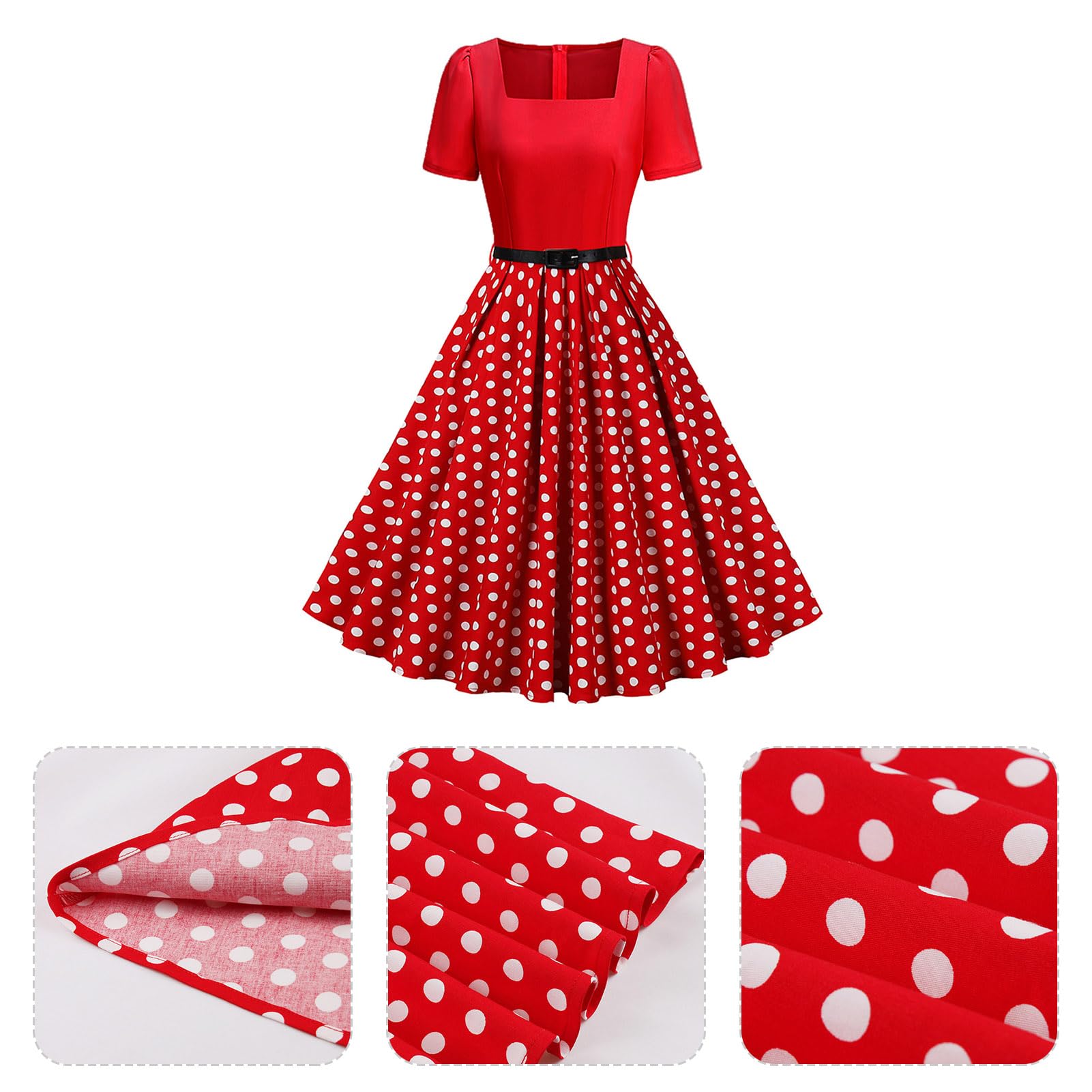 Abito Rockabilly da donna, vintage, a pois, con cintura