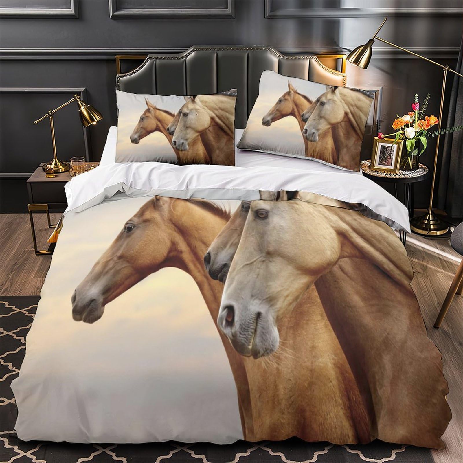 Housse de couette chevaux anti-acarien hypoallergénique pour grand lit 220x240
