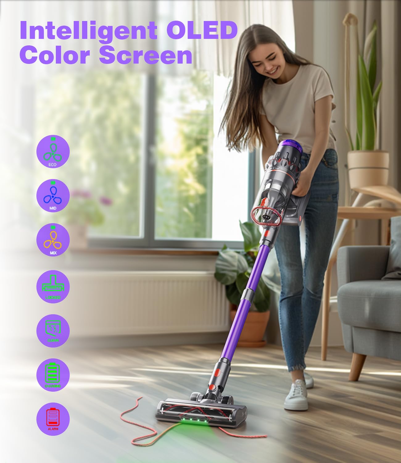 EUARY Aspirapolvere Senza Fili 55Kpa&600W, 60Mins Scopa Elettrica Senza Aspirapolvere Senza Fili Potente, 11 Stadi Filtrati OLED Smart Anti-Avvolgimento, per Peli Animali/Pavimenti/Tappe