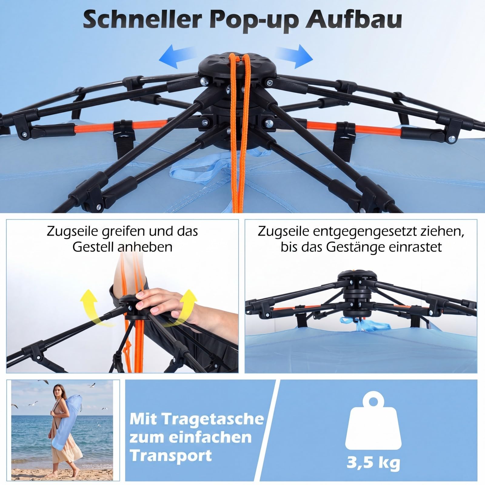 COSTWAY Namiot plażowy Pop Up dla 3-4 osób, namiot plażowy z torbą do przenoszenia, śledziami i 3 kieszeniami na piasek, ochrona przed promieniowaniem UV 50+, ochrona przed słońcem z drzwiami na zamek