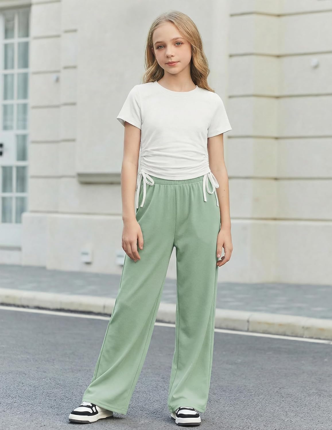 Arshiner Girls 2 Piece Outfits Short Sleeve Ruched Drawstring Crewneck Tops and Wide Leg Pants with Pockets Clothing Sets - Image 2