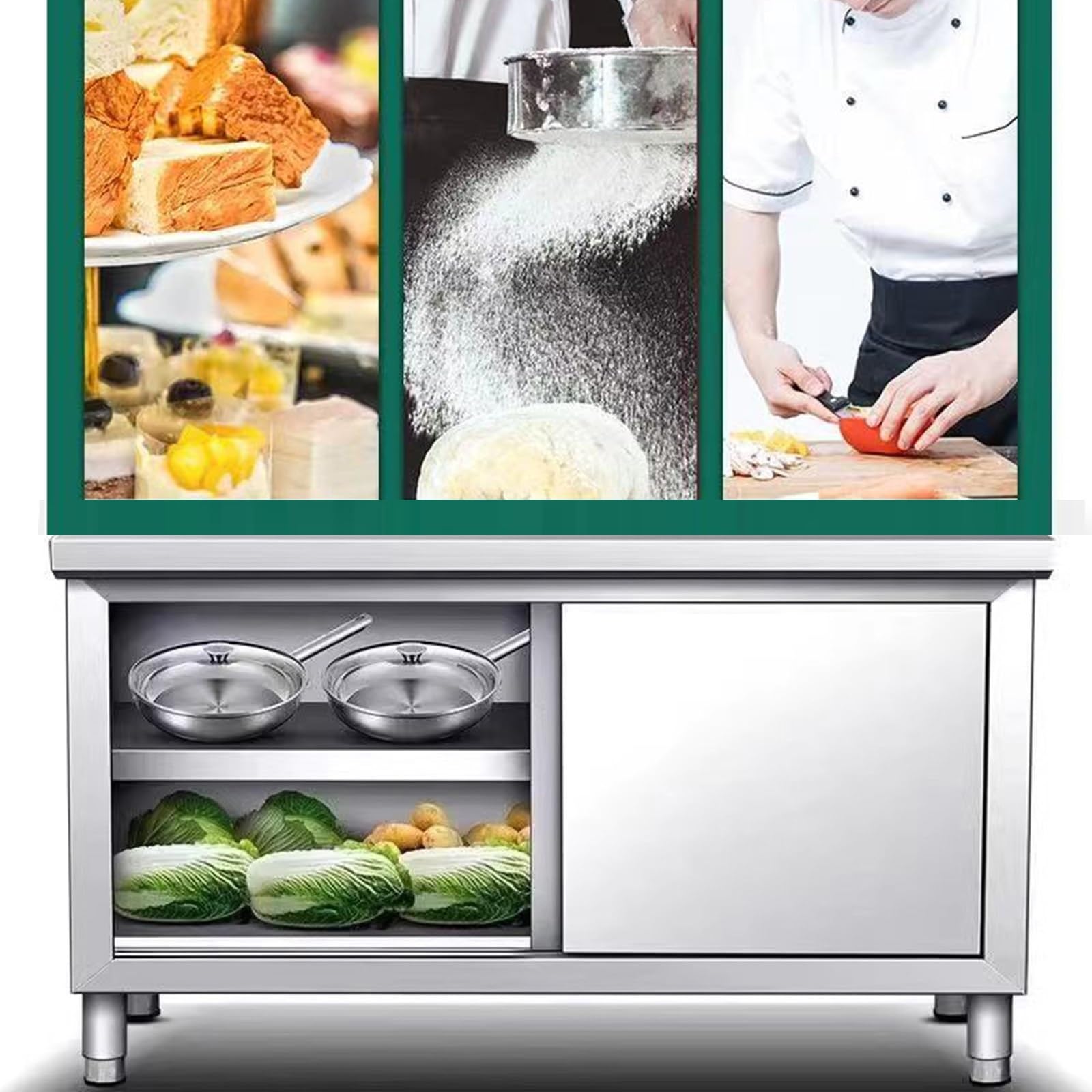 Komercyjna wyspa kuchenna – wielofunkcyjny stół roboczy ze stali nierdzewnej z drzwiami przesuwnymi, stacja przygotowawcza i szafka do przechowywania do restauracji, gastronomii i użytku domowego.