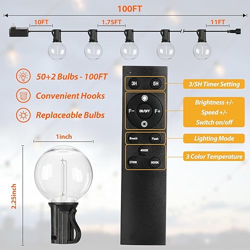 Miniatura 3 de Tira de luces LED G40 de 100 pies para exteriores con 3 luces de color, regulables, impermeables, con 50+2 bombillas inastillables, tira de luces
