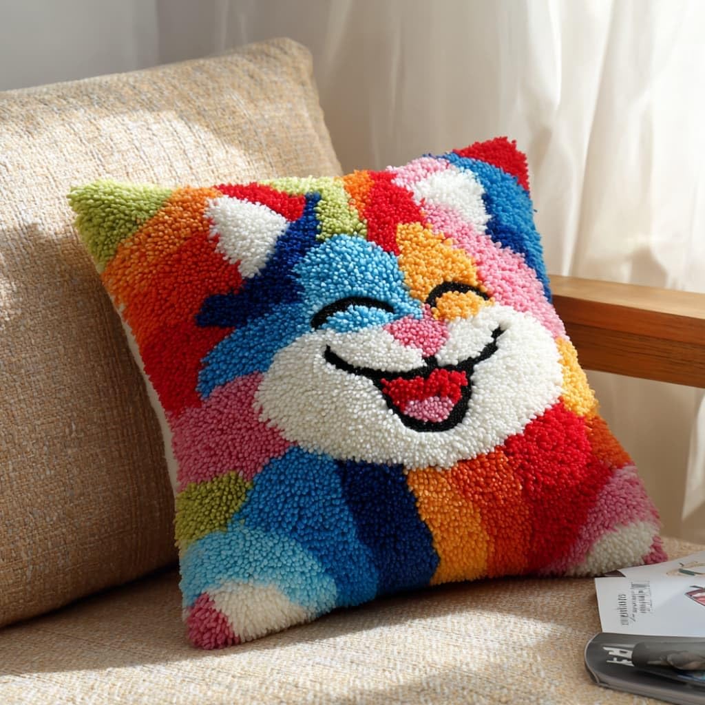 Taxpy DIY Latch Hook Pillow Kit Pre-Printed Hook and Latch Rug Kits Cats 17X17 Inch.Cross-Stitch Embroidery Cushion Cover for Home Sofa Decoration