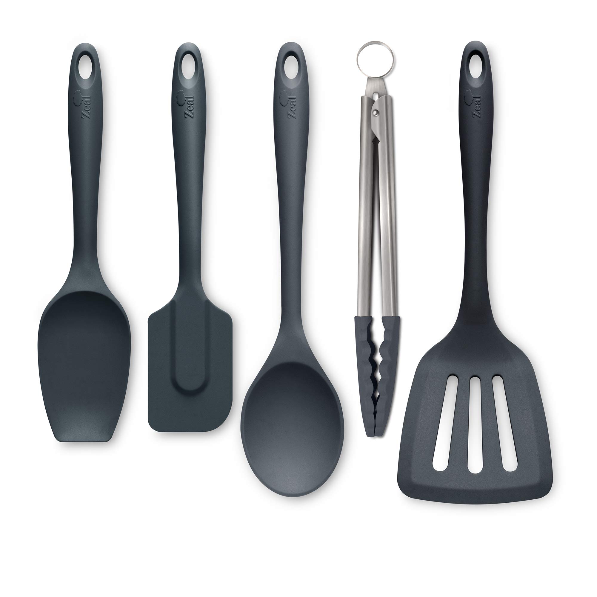Zeal JSET45T Non-Stick Silicone Cooking Tongs, Turner, Spatula Spoon & Cook Spoon 5-Piece Set-Dark Grey