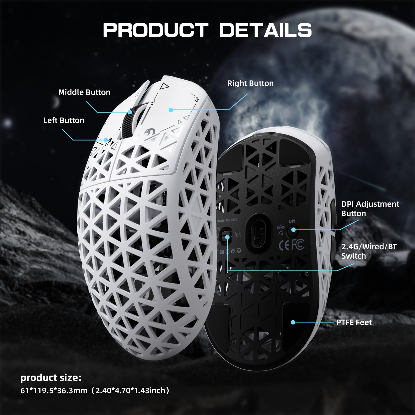 MAMBASNAKE M5 Ultra Carbon Fiber Mysz Bezprzewodowa do Gier 8000Hz z Rozdzielczością do 42000 DPI, Czujnikiem PAW3950MAX, 39g Ultralekka, Układ Nordic 52840, 2,4GHz/BT/Wired, do PC/Xbox/PS/Mac - Biała