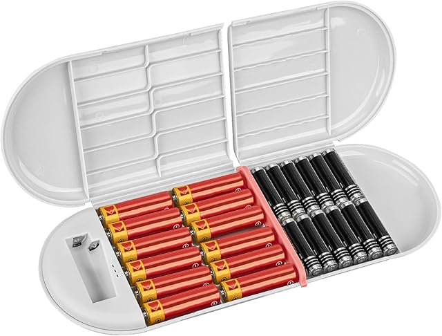 Linkidea Pudełko do przechowywania baterii z elektrycznym wykrywaniem ilości, przenośny organizer na baterie, etui do przechowywania, organizer na baterie, pudełko do przechowywania dla 12 AA, 12 AAA, przycisk (szary)