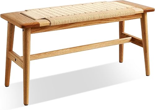 Wood Dining Bench,100% Natural Solid Oak with Rattan Design, Rounded Edge, Entryway Bench for Dining,Bedroom, Living Room Beige Color, 31.49 inch