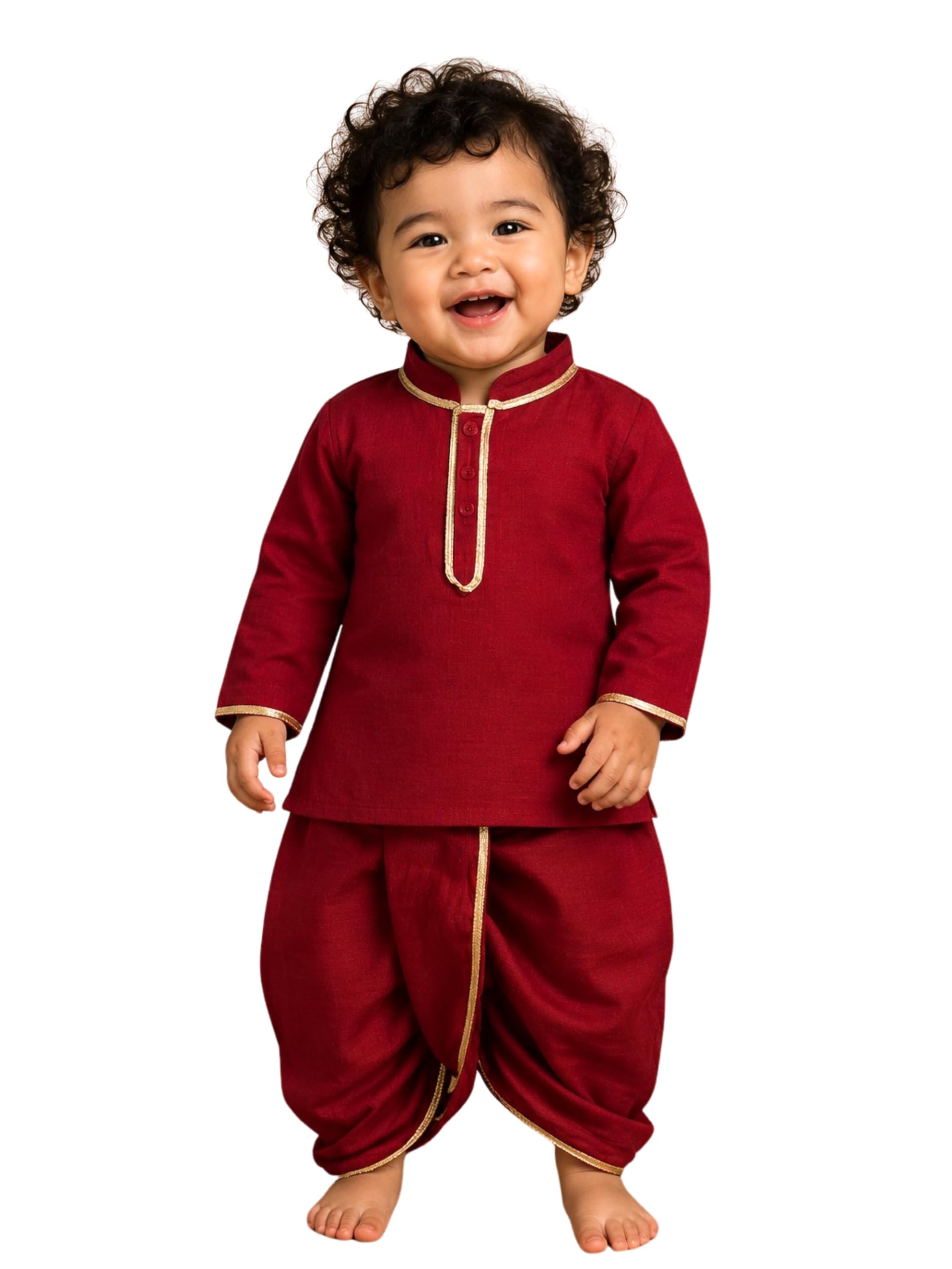 Baby Boys Ethnic Wear Kurta Dhoti Set | Maroon Cotton Blend Festive Traditional Dress with Gold Border | Full Sleeve Kurta & Dhoti Pant Outfit for Festivals, Weddings & Puja-image-38