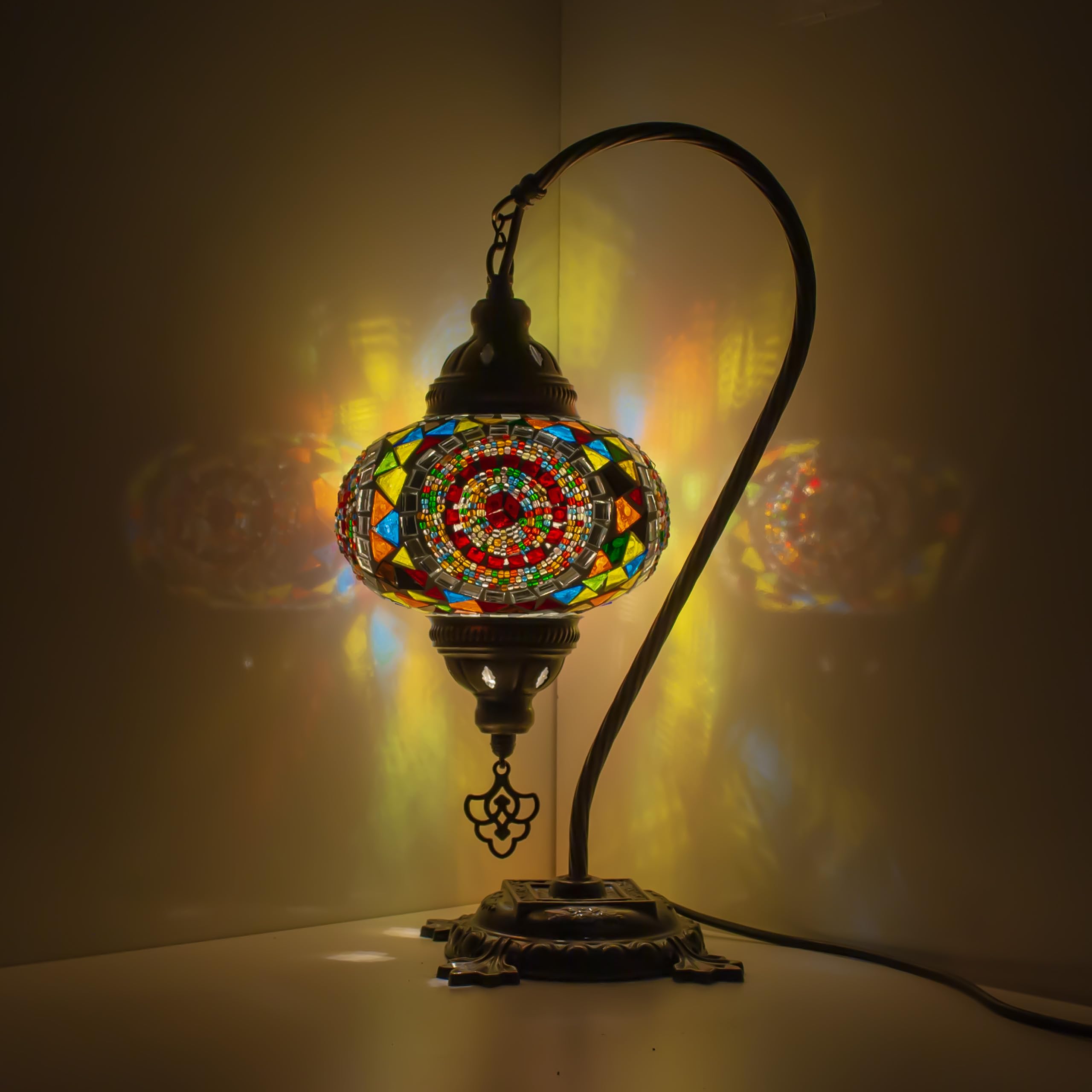 MOSLAND HOME Turkish Lamp Mosaic Table Lamps | Turkish Moroccan Lamp with Bronze Base | Handmade Swan Neck Tiffany Night Lamp | Mosaic Glass Bedside Night Lamp with Led Bulb