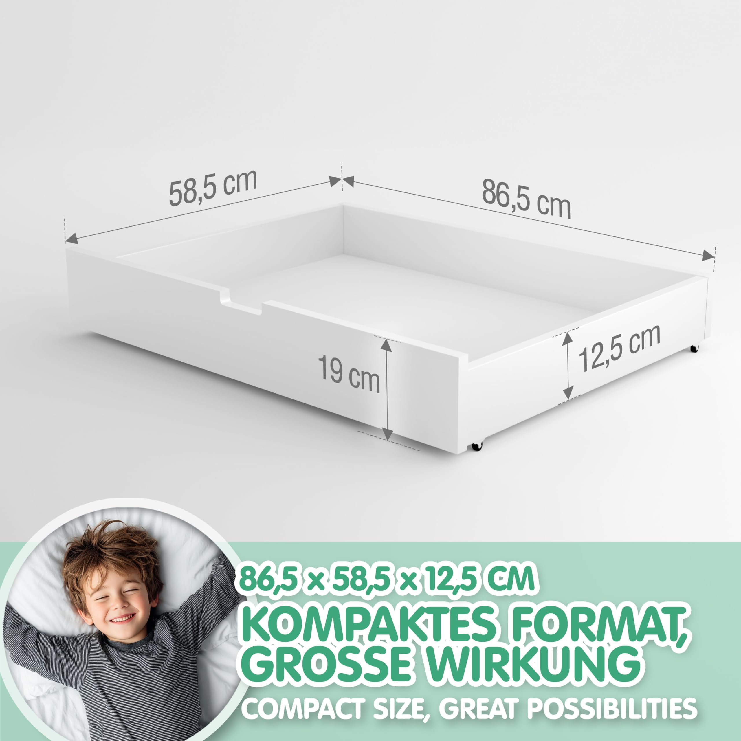 CADANI Bettkasten 2er Set Weiß mit Rollen – Unterbettkommode Holz – 86,5x58,5x12,5 cm – Bett Schublade für Bettwäsche Kleidung Spielzeug – Stauraum unter Bett