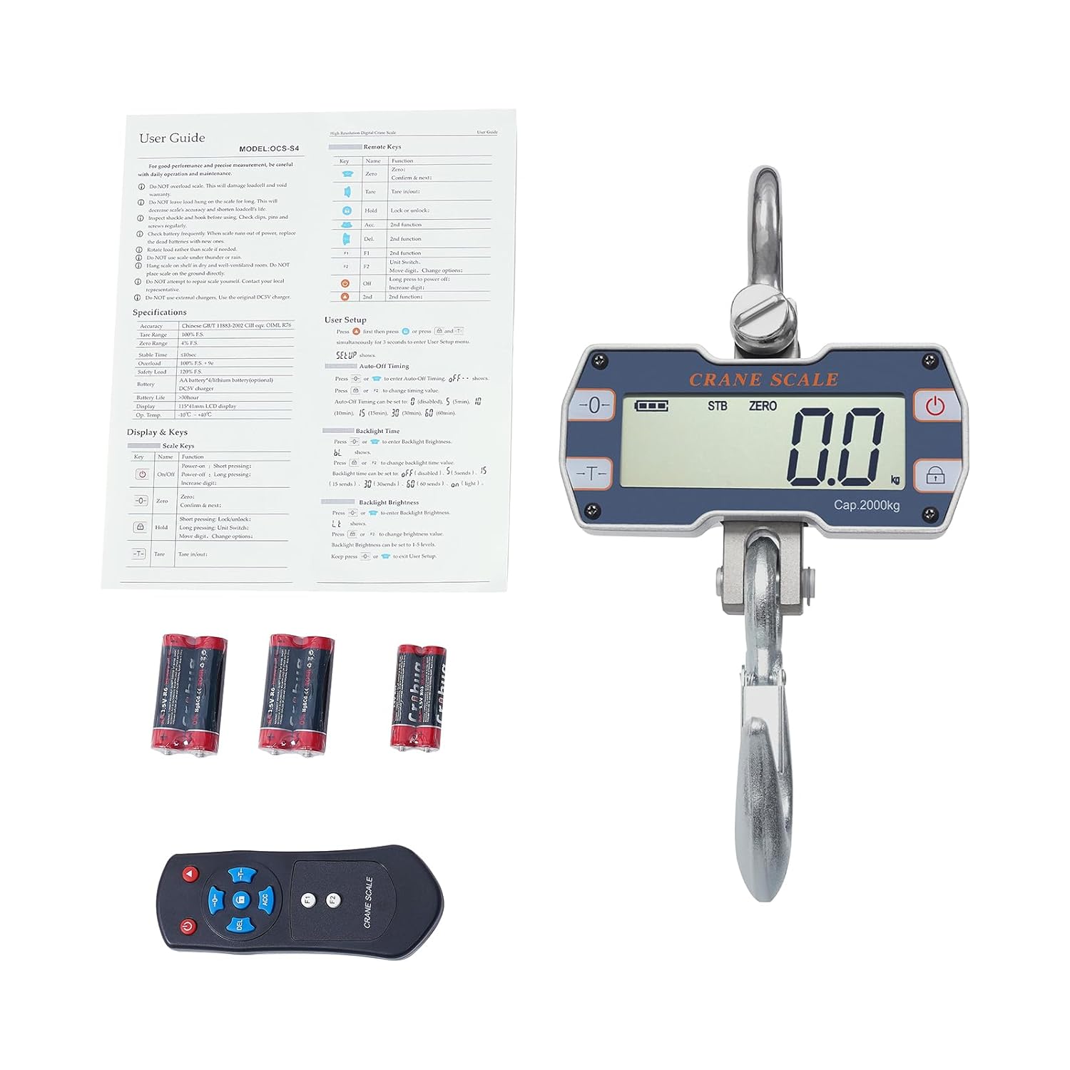 Digital Crane Scale, 2 Ton, 4400lb/2000kg, Industrial, Electronic, Portable, Big Hoist, Wild Game Scale, kg/lb/N, Silver Grey