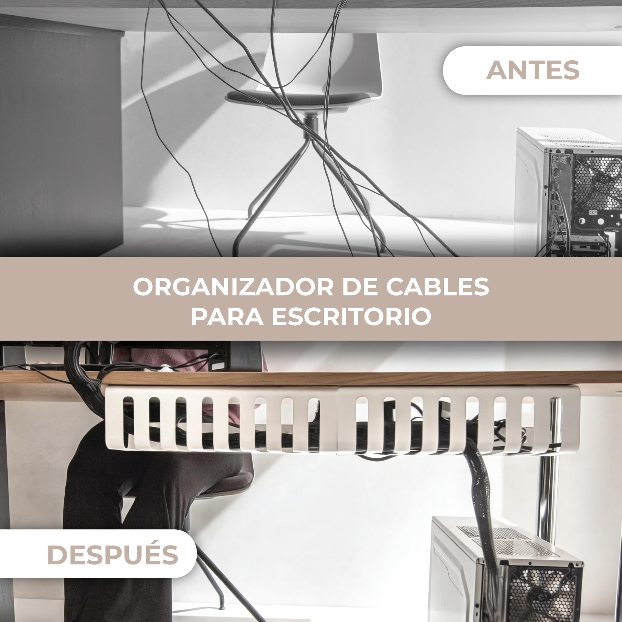 Pack 2 Organizadores de Cables para Escritorio | Bandejas para Cables de 40x10 cm en Blanco Mate | Ideal para Mesa de Oficina, Gaming o TV