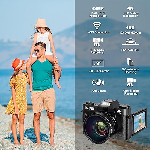 Miniatura 2 de Cocac Cámara de vlogging, cámara digital de 48 MP, cámara de video 4K para YouTube con WiFi, videocámara de pantalla abatible de 3.0 pulgadas,