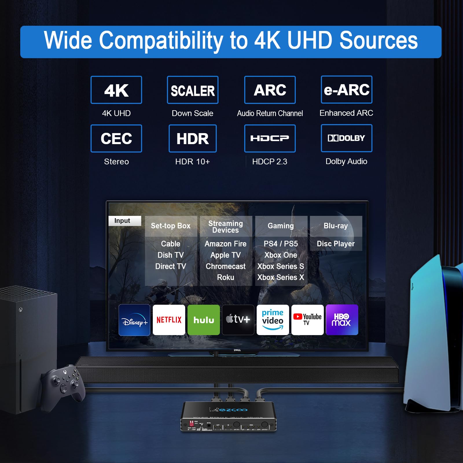 Splitter HDMI 4K 60Hz ARC/eARC for Soundbar HDMI Switch Bi-Direction 1 In 2 Out or 2 Input to 2 Output SPDIF 5.1CH Breakout D-olby Vision Atmos HDR CEC HDCP2.2 Scaler 4K 1080 for Xbox, PS5, ARC