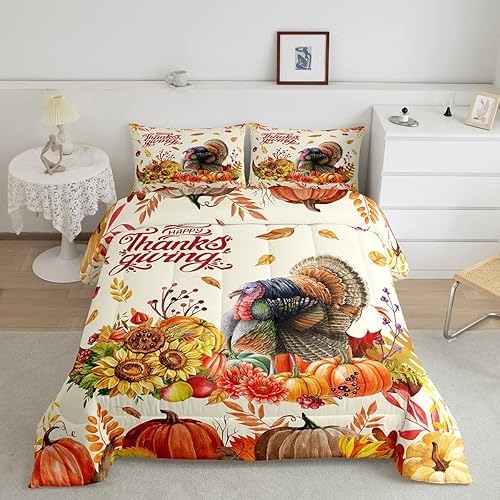 Juego de edredón para el día de Acción de Gracias, tamaño individual, juego de ropa de cama de acuarela pavo y calabaza, 2 piezas para decoración de