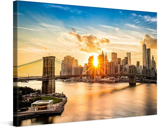 PICANOVA  Canvas Print 60x40cm  Manhattan New York City Sunset  Canvas Art Print Wall Art Decor Picture Stretched on Wooden Frame as Gallery Artwork