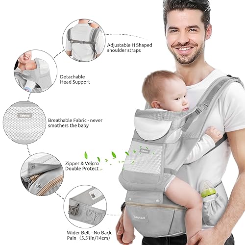 Miniatura 5 de Safotad Portabebés con asiento de cadera, ergonómico en posición M 6 en 1, portabebés para recién nacidos a niños pequeños, soporte para la cabeza y